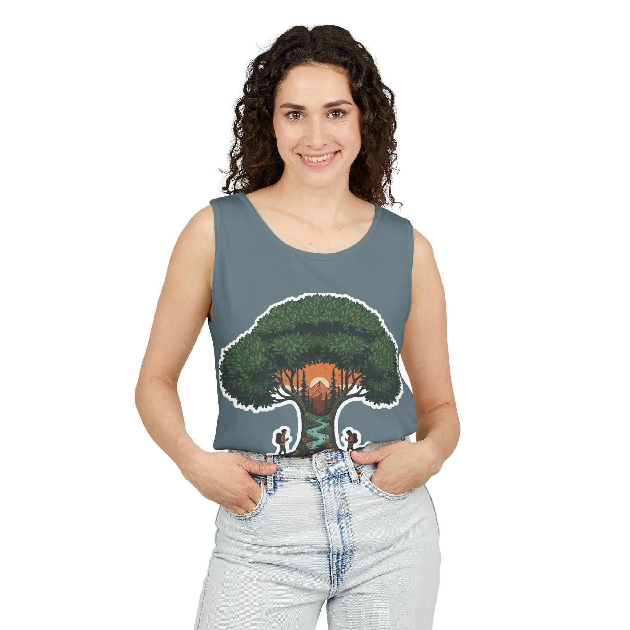 Wanderer Tree Graphic Tank Top — 'The Stone Wanderer' Forest Sunset Design