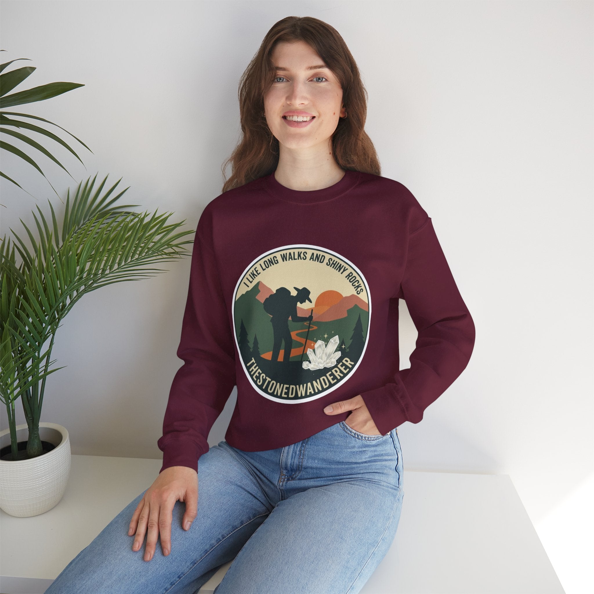 Hiking Crewneck Sweatshirt – 'I Take Long Walks and Shiny Rocks' Outdoor Adventure Pullover
