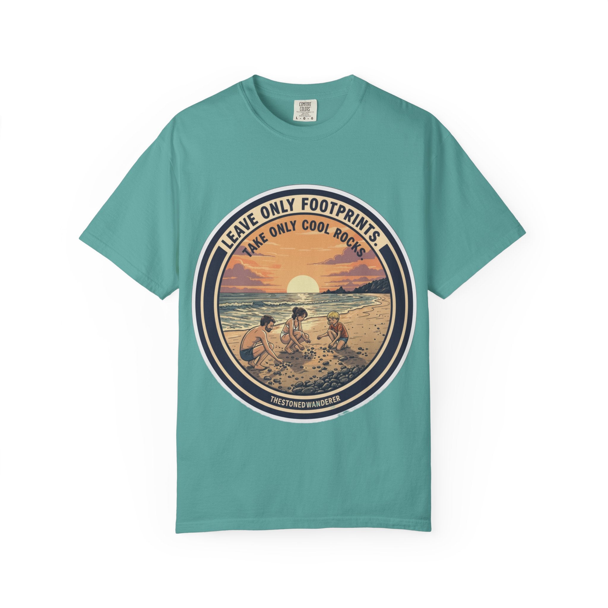 Beach Sunset T-Shirt "Leave Only Footprints, Take Only Cool Rocks" Retro Graphic