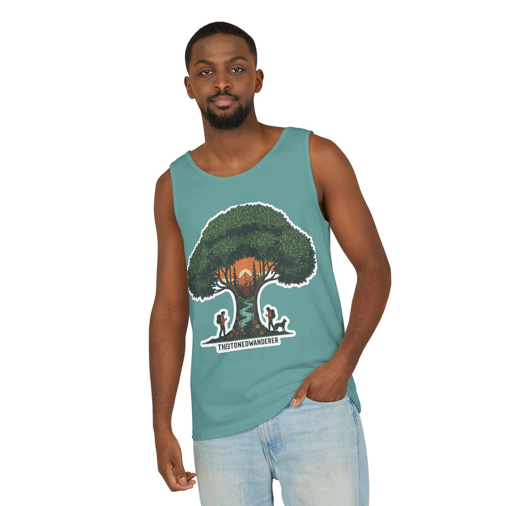Wanderer Tree Graphic Tank Top — 'The Stone Wanderer' Forest Sunset Design