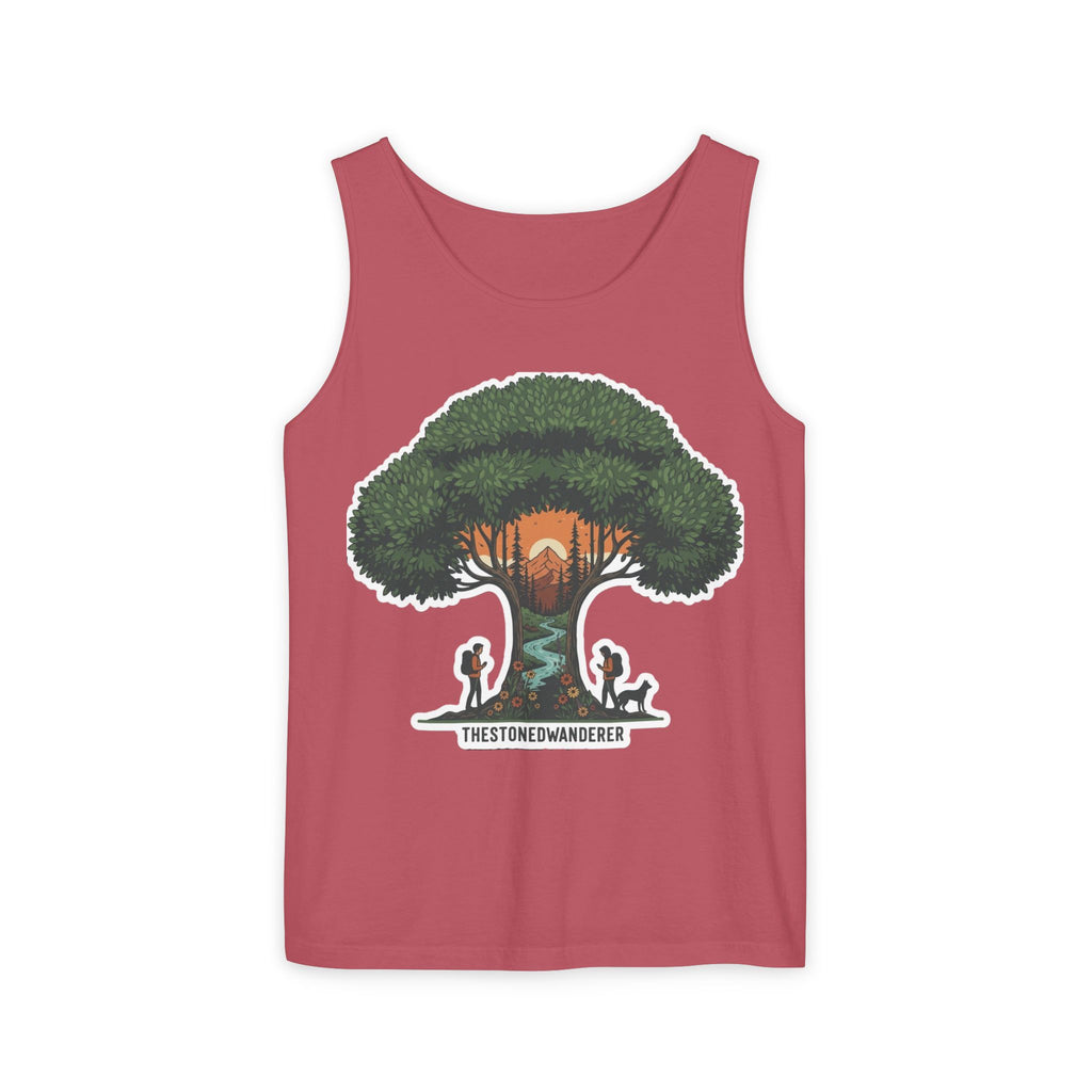 Wanderer Tree Graphic Tank Top — 'The Stone Wanderer' Forest Sunset Design