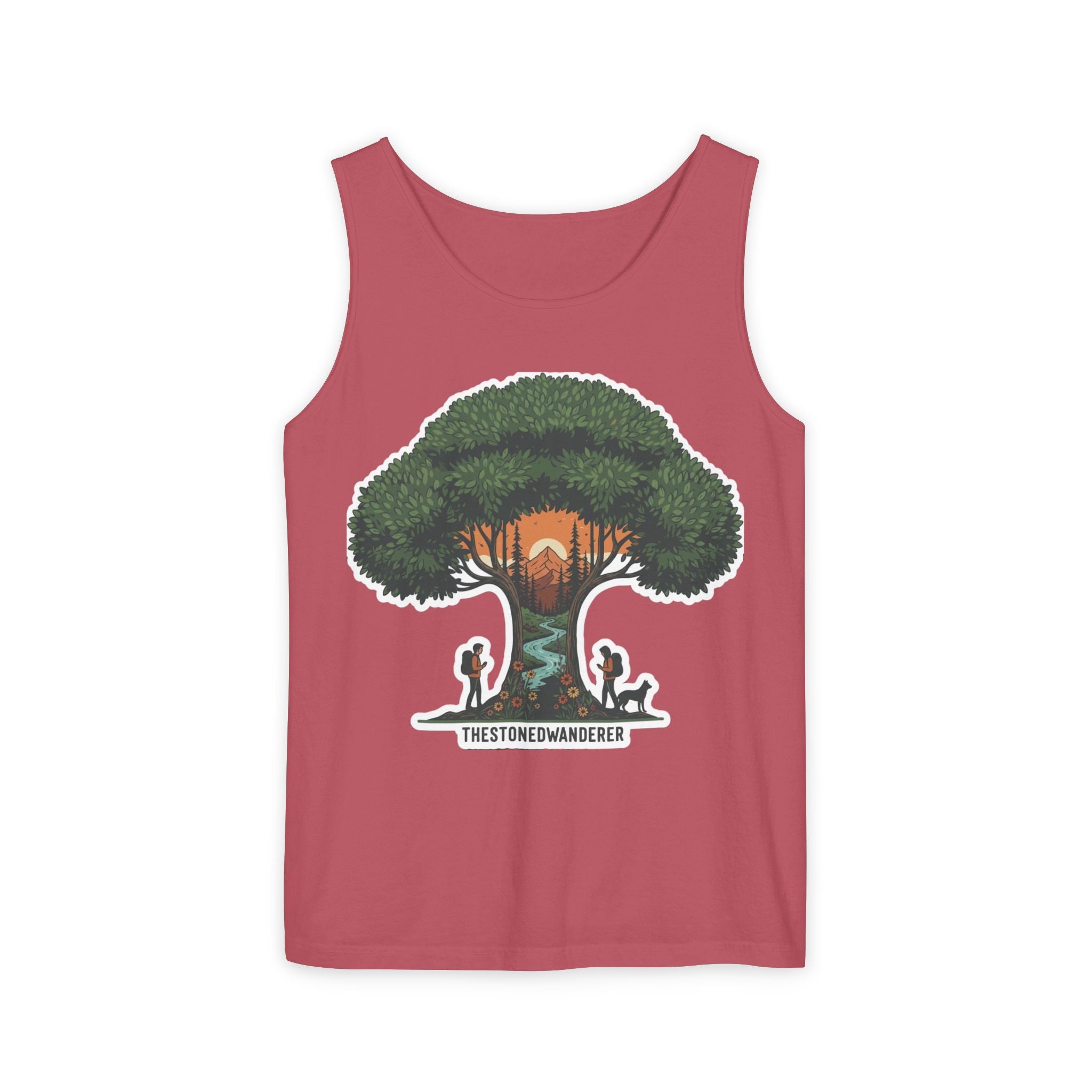 Wanderer Tree Graphic Tank Top — 'The Stone Wanderer' Forest Sunset Design