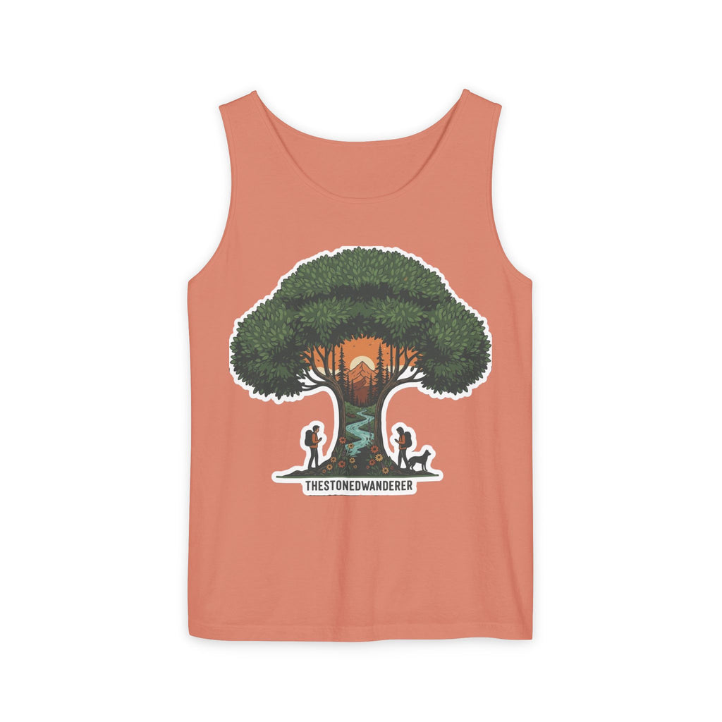 Wanderer Tree Graphic Tank Top — 'The Stone Wanderer' Forest Sunset Design