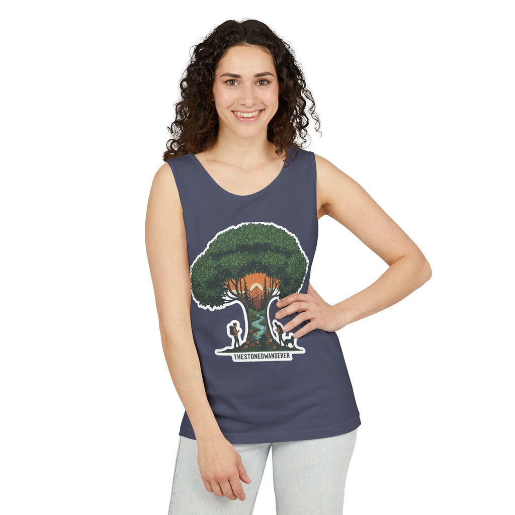 Wanderer Tree Graphic Tank Top — 'The Stone Wanderer' Forest Sunset Design