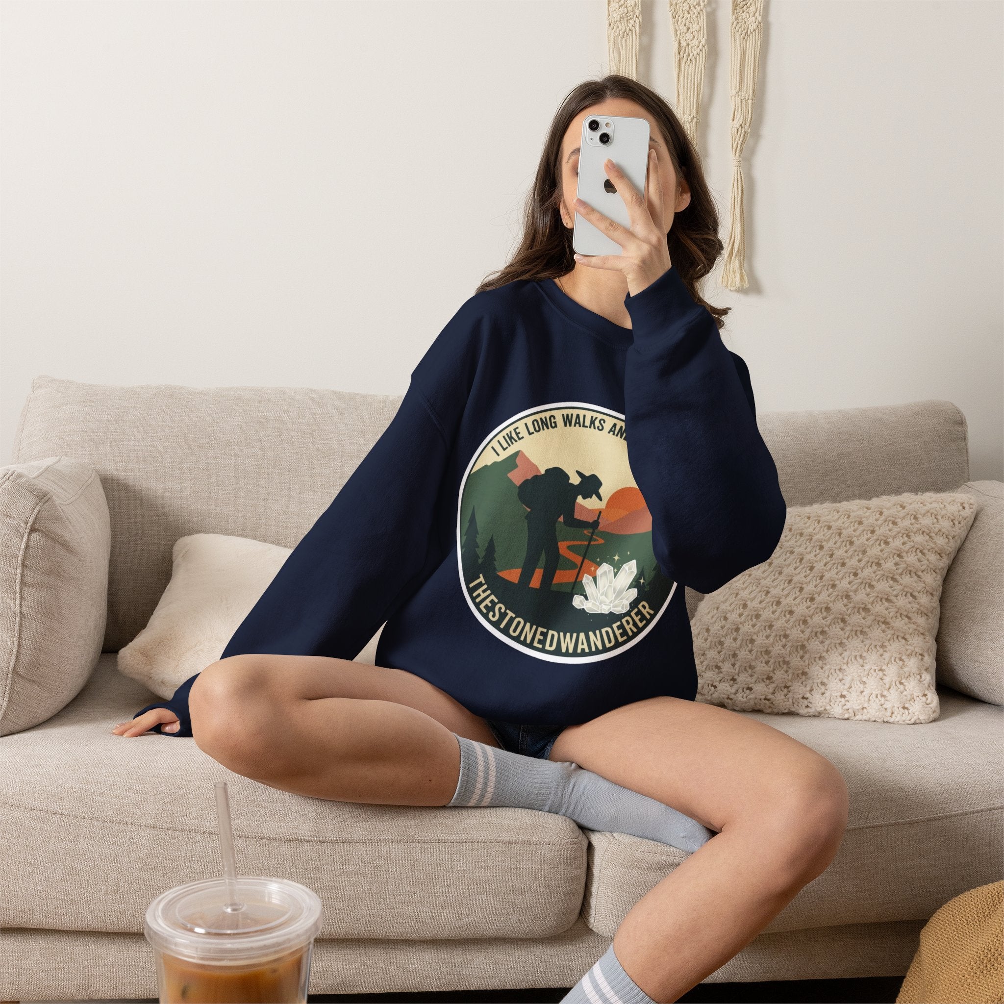 Hiking Crewneck Sweatshirt – 'I Take Long Walks and Shiny Rocks' Outdoor Adventure Pullover