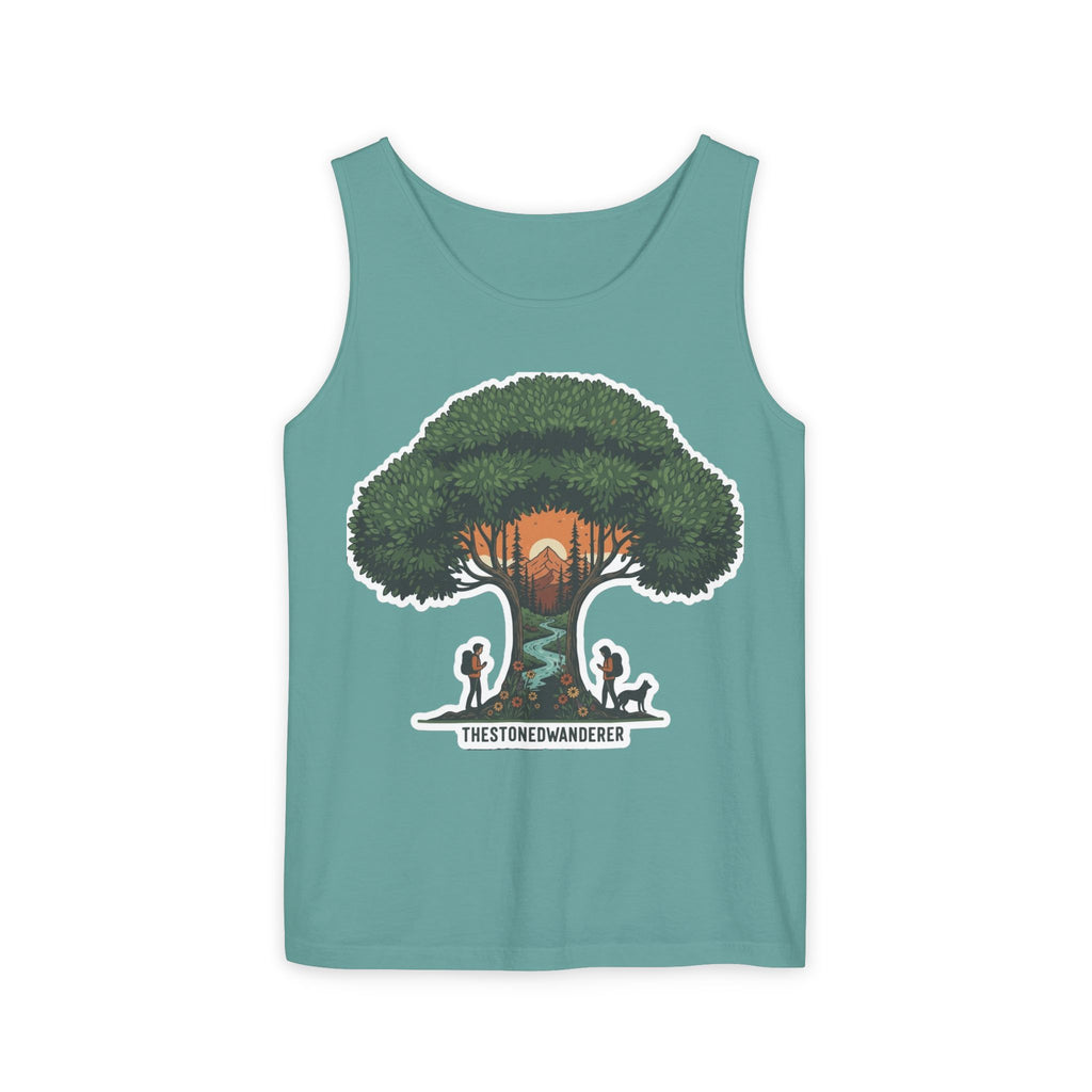 Wanderer Tree Graphic Tank Top — 'The Stone Wanderer' Forest Sunset Design