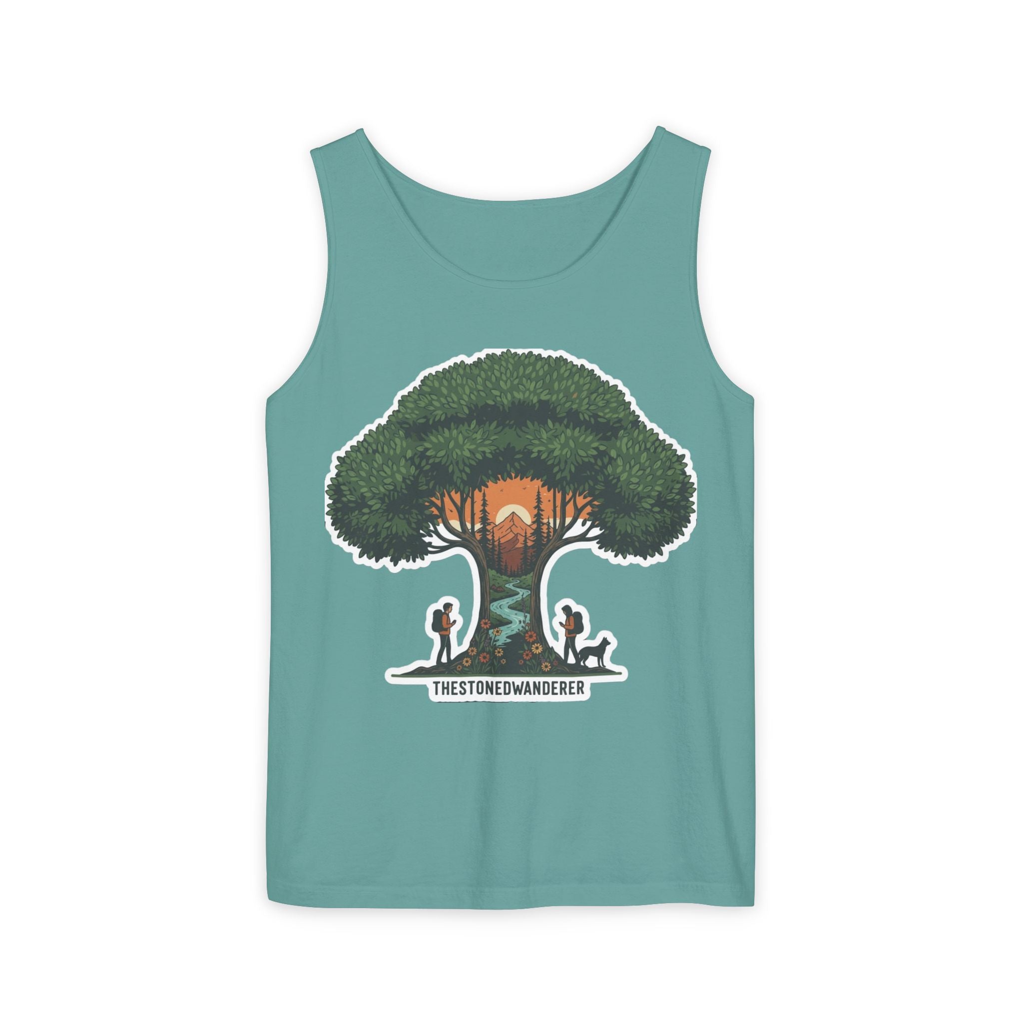 Wanderer Tree Graphic Tank Top — 'The Stone Wanderer' Forest Sunset Design