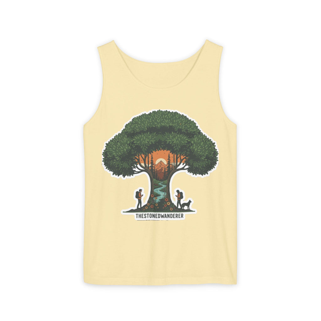 Wanderer Tree Graphic Tank Top — 'The Stone Wanderer' Forest Sunset Design