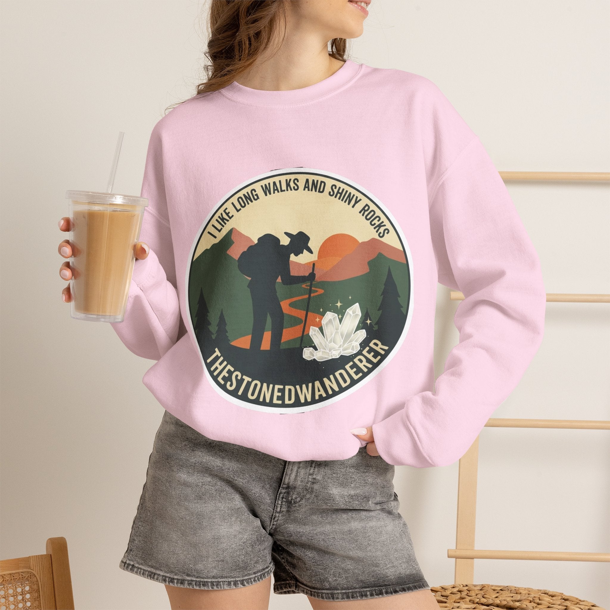 Hiking Crewneck Sweatshirt – 'I Take Long Walks and Shiny Rocks' Outdoor Adventure Pullover