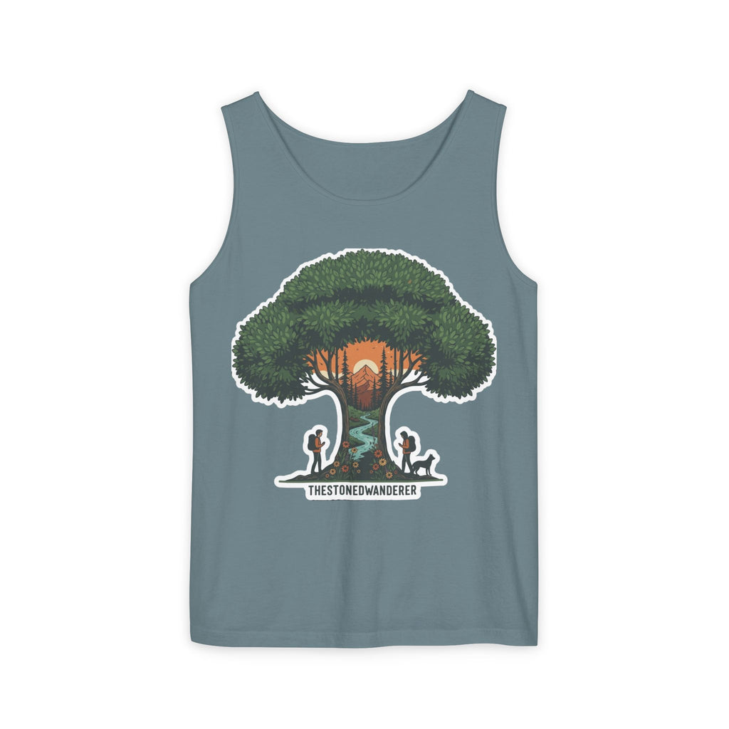 Wanderer Tree Graphic Tank Top — 'The Stone Wanderer' Forest Sunset Design