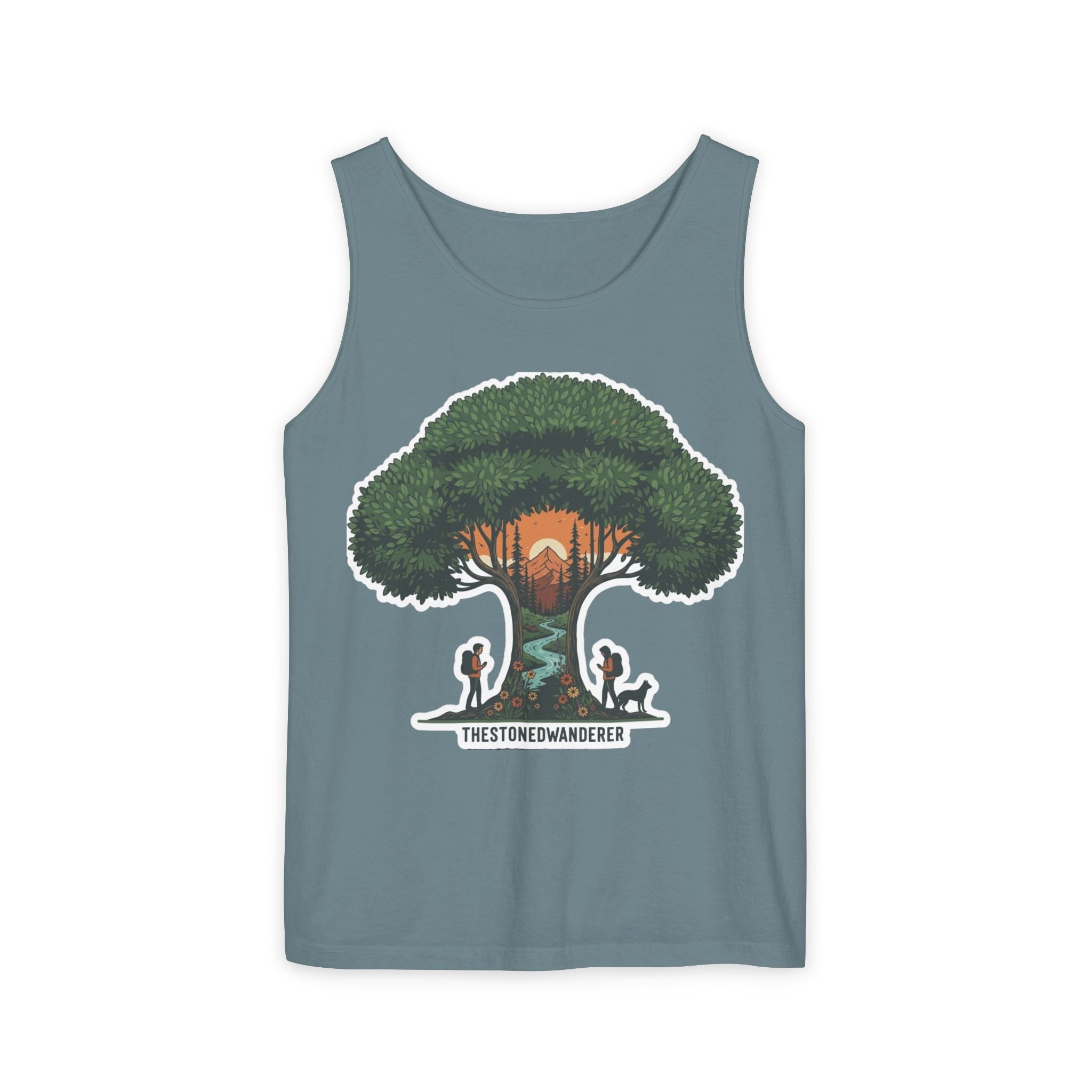 Wanderer Tree Graphic Tank Top — 'The Stone Wanderer' Forest Sunset Design
