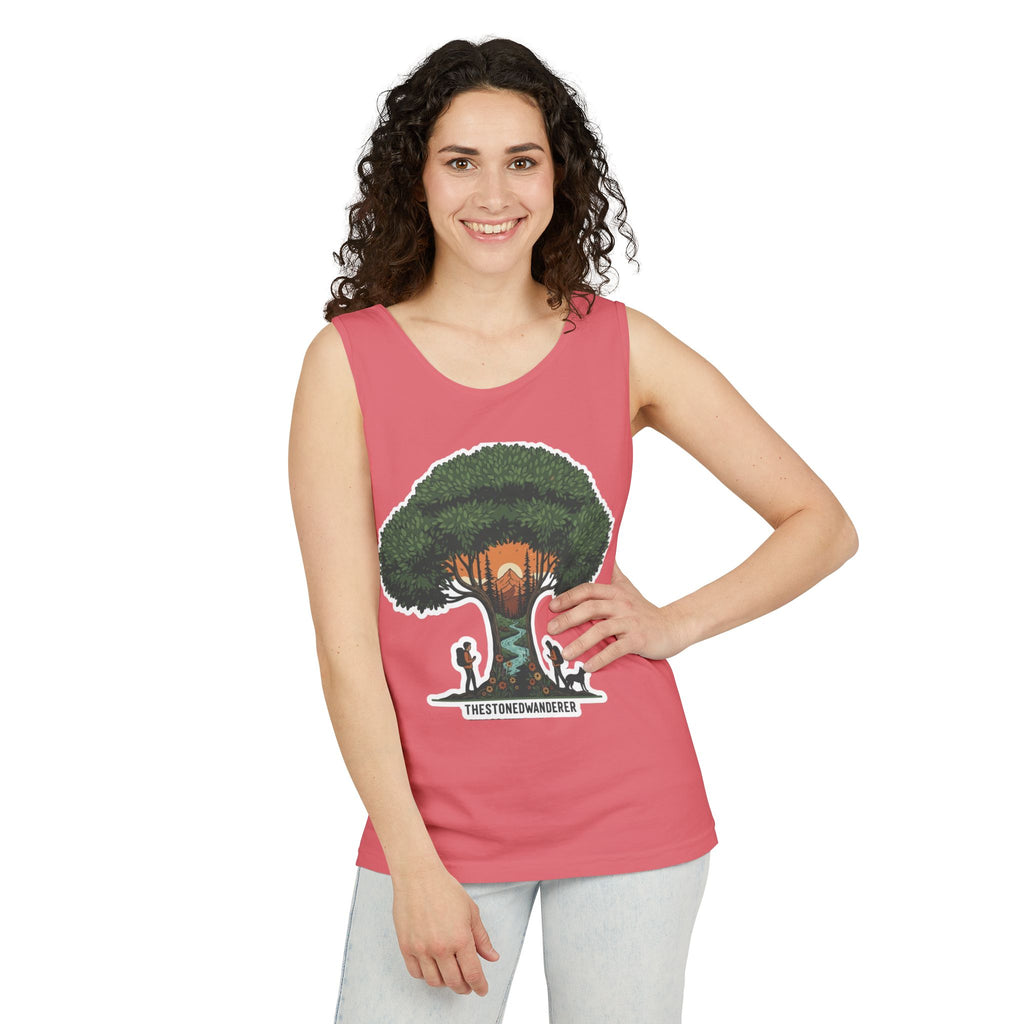 Wanderer Tree Graphic Tank Top — 'The Stone Wanderer' Forest Sunset Design