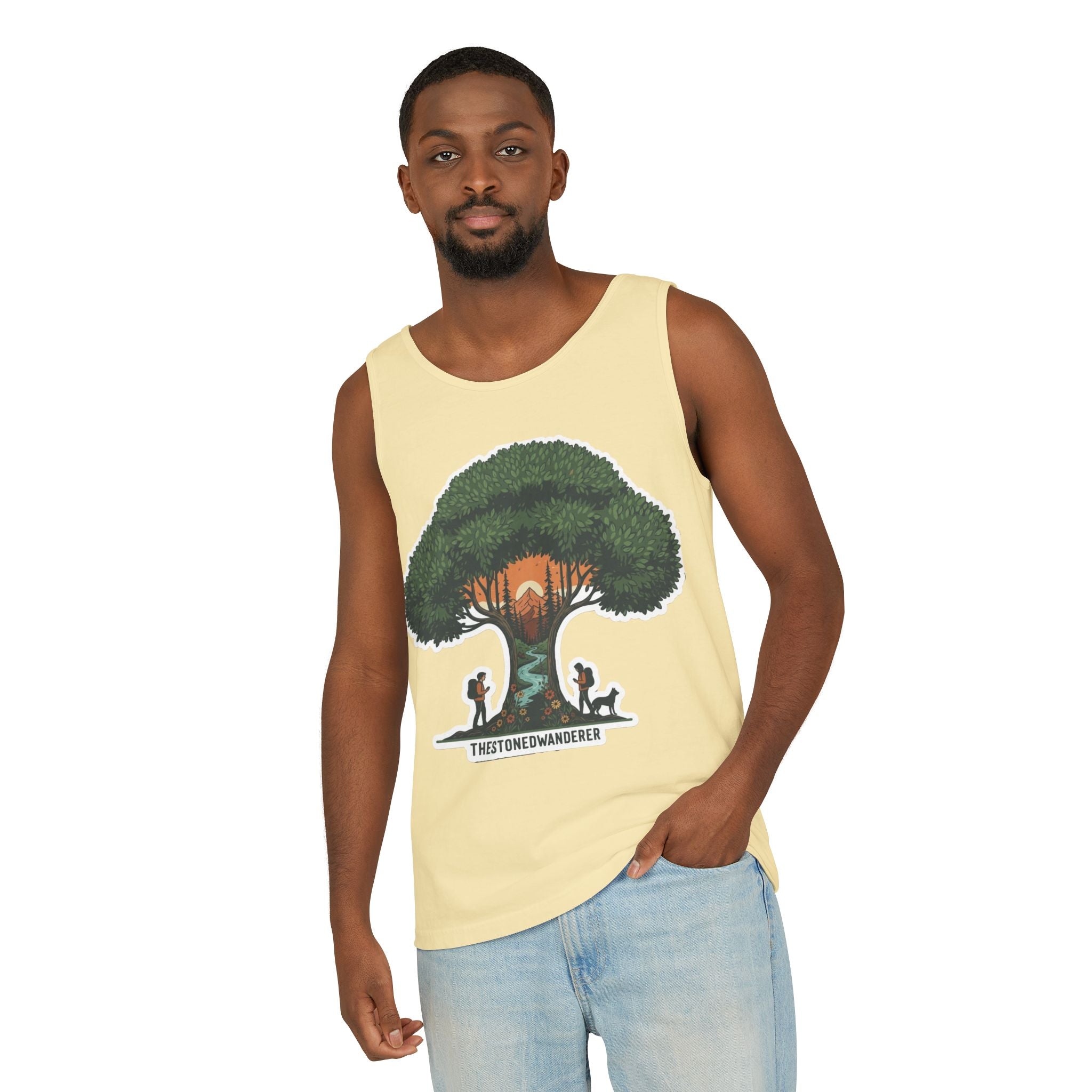 Wanderer Tree Graphic Tank Top — 'The Stone Wanderer' Forest Sunset Design