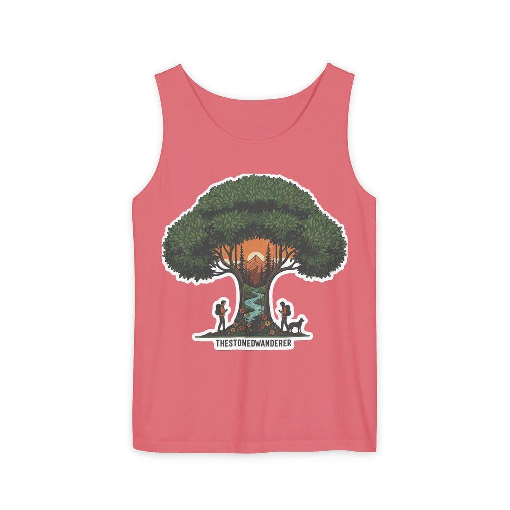 Wanderer Tree Graphic Tank Top — 'The Stone Wanderer' Forest Sunset Design