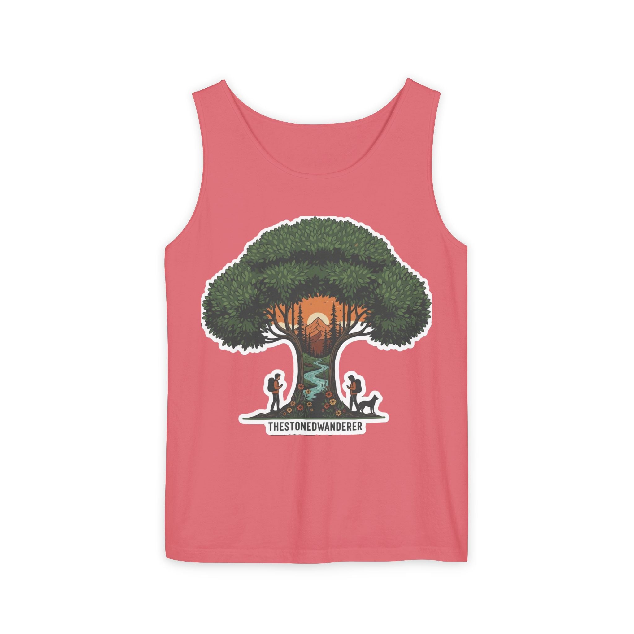 Wanderer Tree Graphic Tank Top — 'The Stone Wanderer' Forest Sunset Design