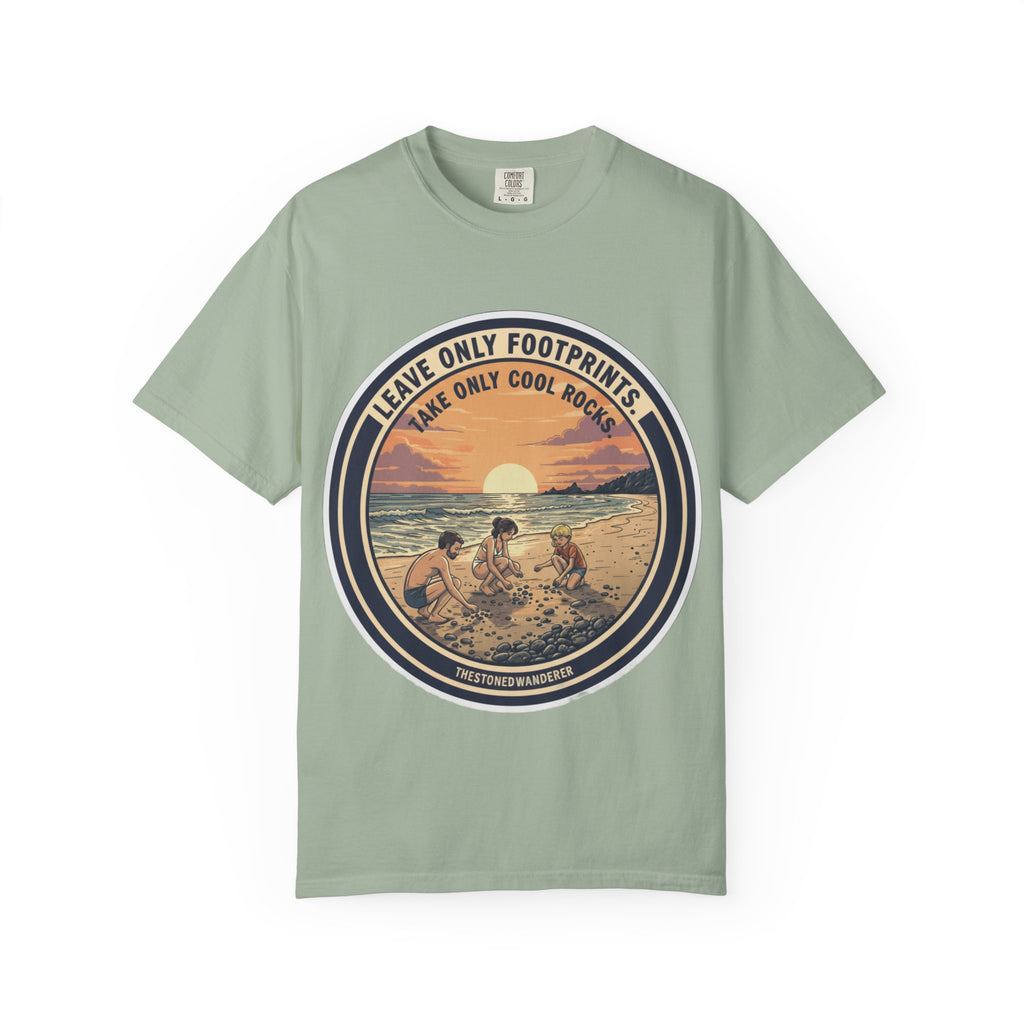 Beach Sunset T-Shirt "Leave Only Footprints, Take Only Cool Rocks" Retro Graphic