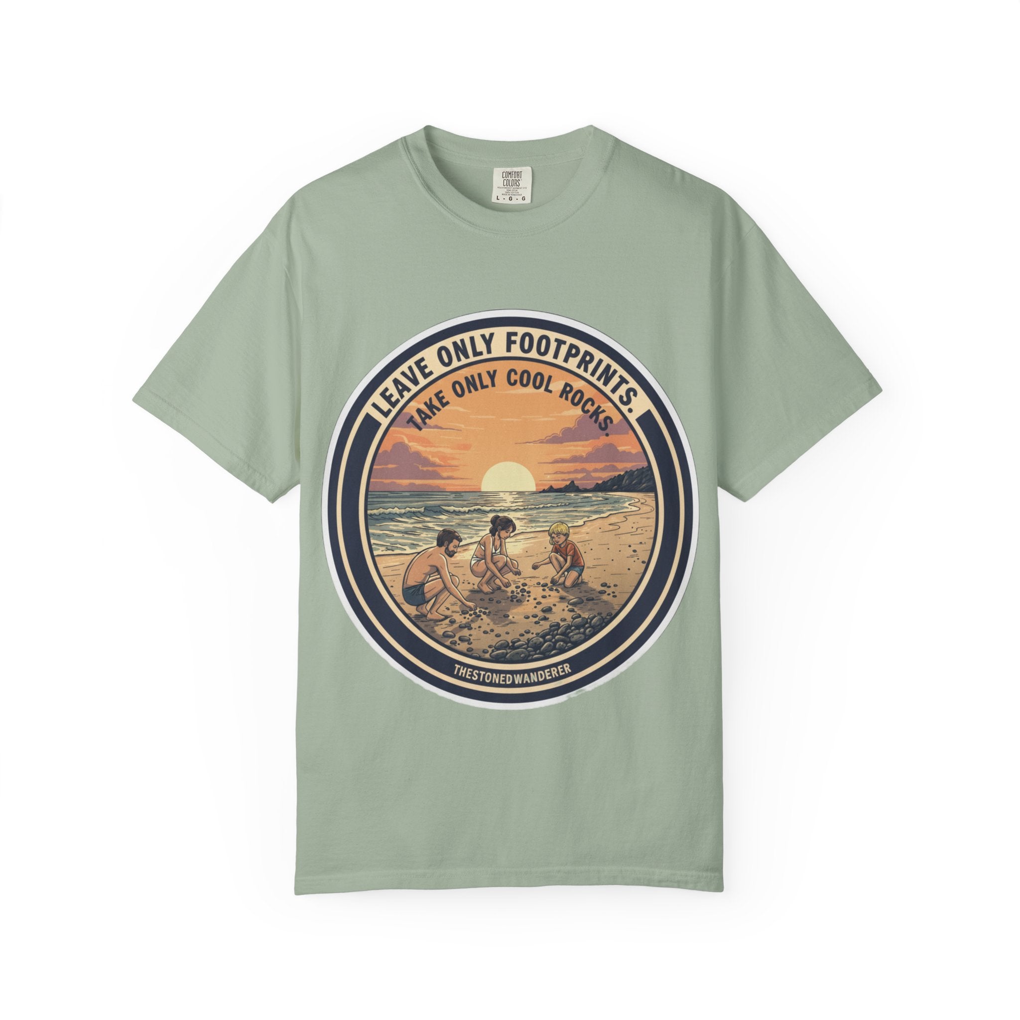 Beach Sunset T-Shirt "Leave Only Footprints, Take Only Cool Rocks" Retro Graphic