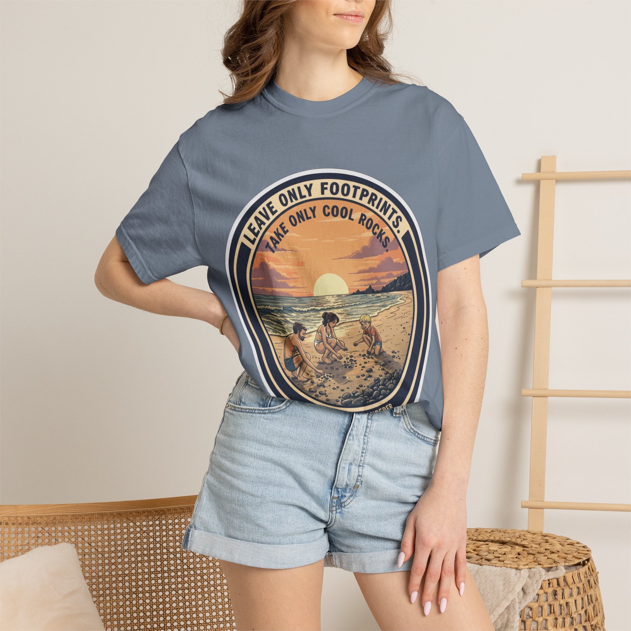 Beach Sunset T-Shirt "Leave Only Footprints, Take Only Cool Rocks" Retro Graphic