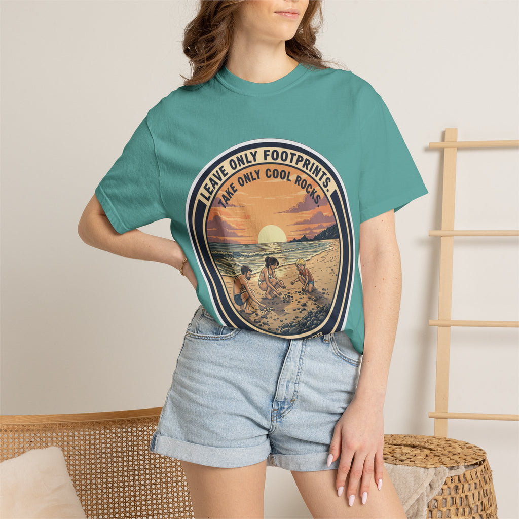 Beach Sunset T-Shirt "Leave Only Footprints, Take Only Cool Rocks" Retro Graphic