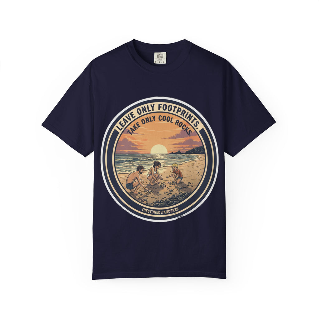 Beach Sunset T-Shirt "Leave Only Footprints, Take Only Cool Rocks" Retro Graphic