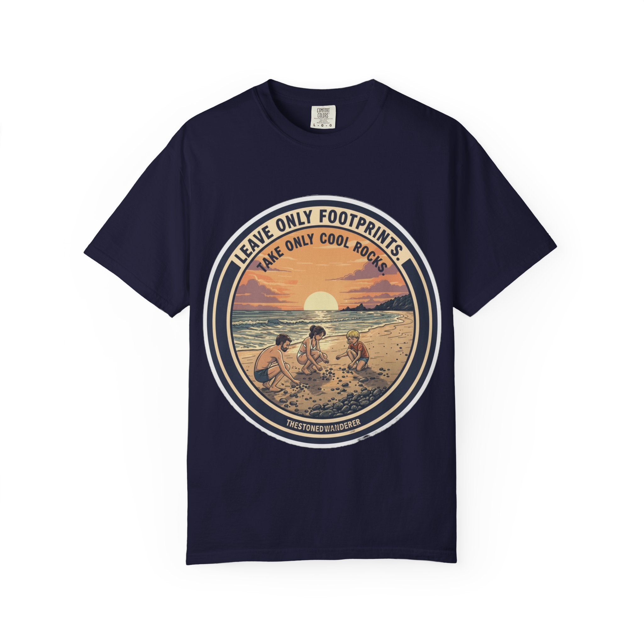 Beach Sunset T-Shirt "Leave Only Footprints, Take Only Cool Rocks" Retro Graphic