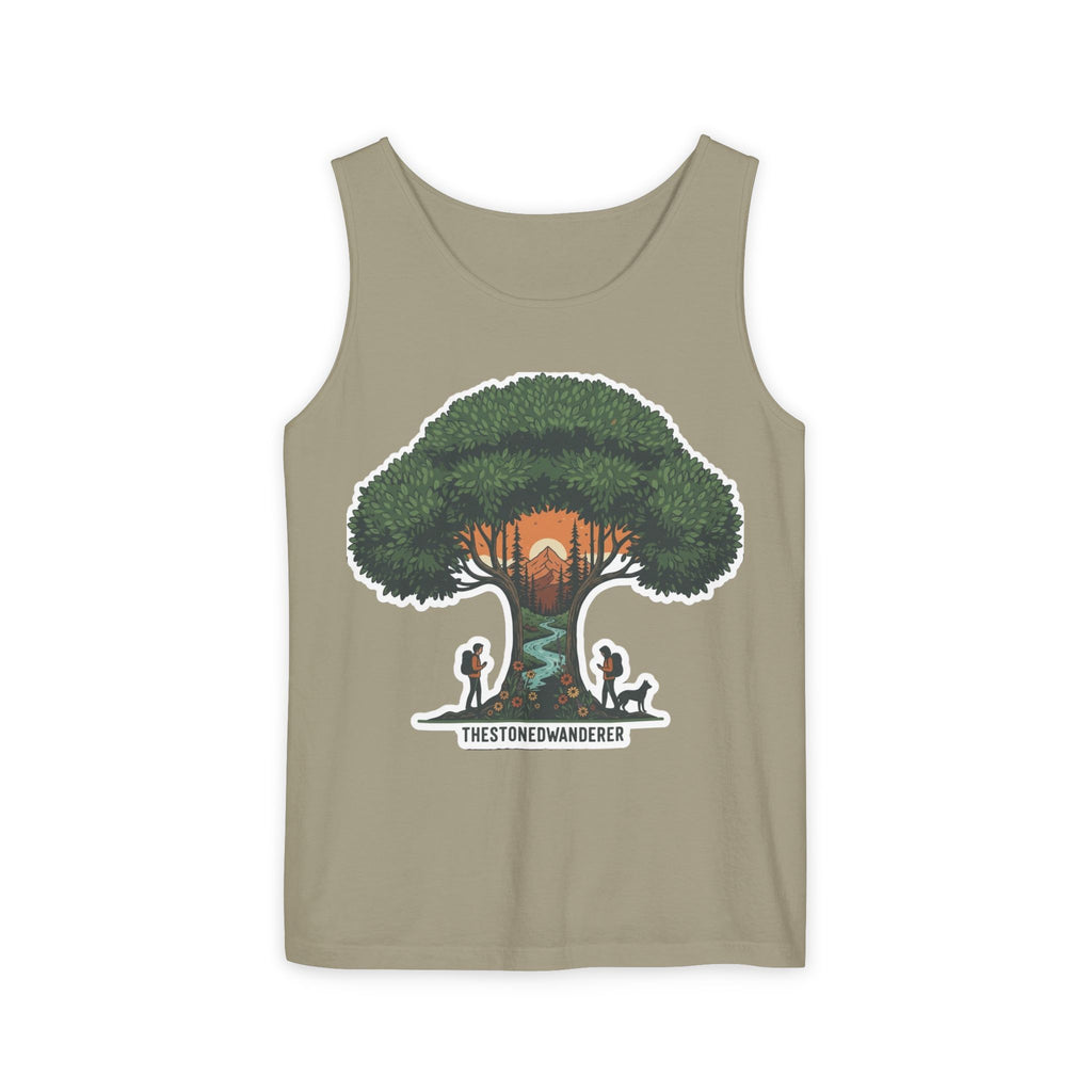 Wanderer Tree Graphic Tank Top — 'The Stone Wanderer' Forest Sunset Design