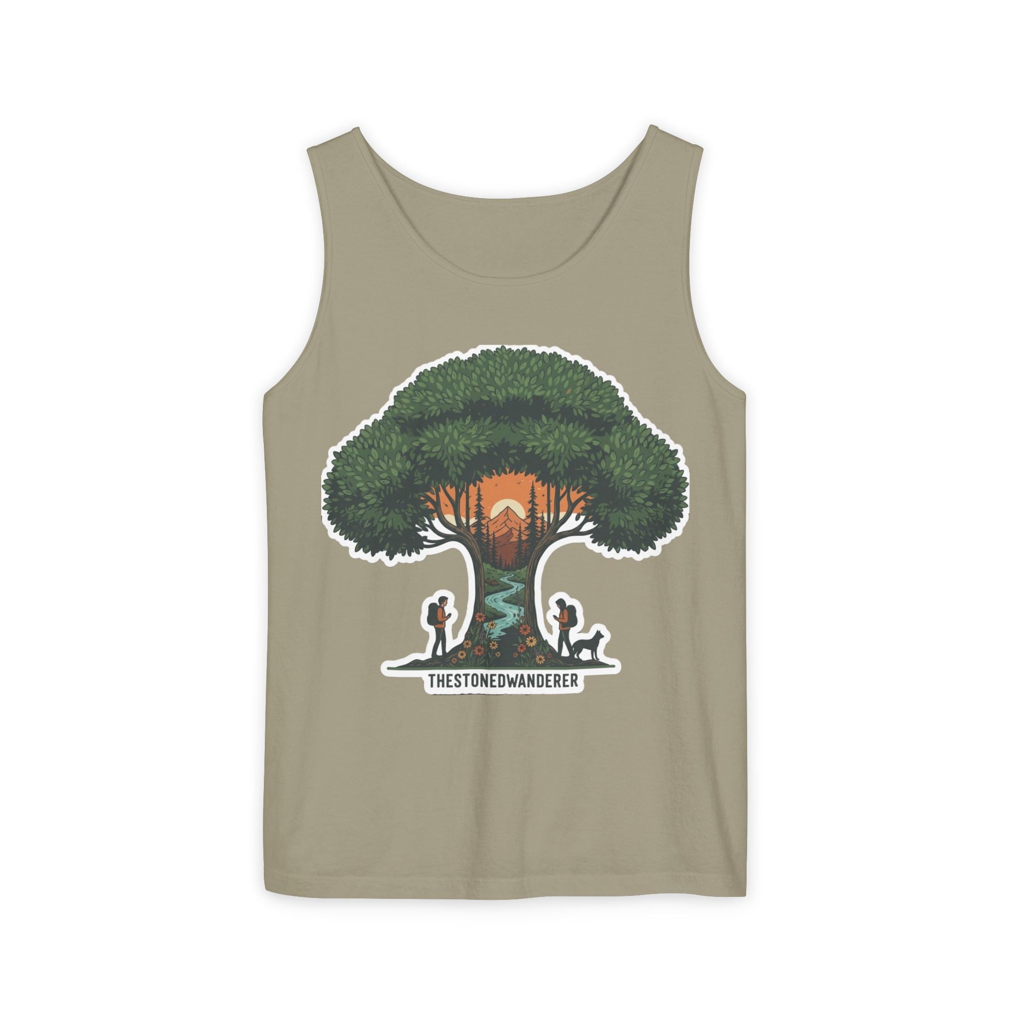 Wanderer Tree Graphic Tank Top — 'The Stone Wanderer' Forest Sunset Design