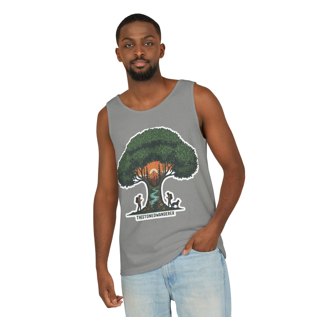 Wanderer Tree Graphic Tank Top — 'The Stone Wanderer' Forest Sunset Design