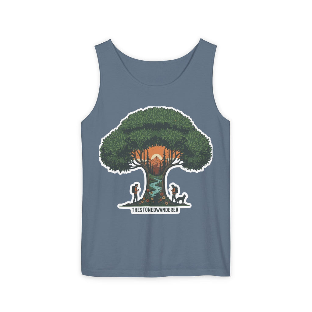 Wanderer Tree Graphic Tank Top — 'The Stone Wanderer' Forest Sunset Design