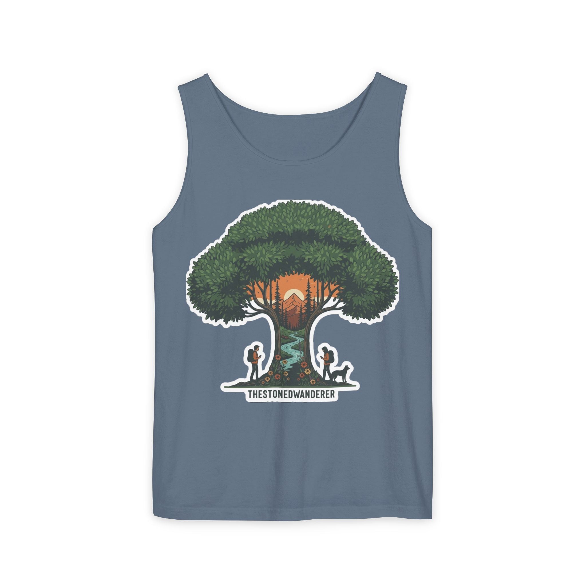 Wanderer Tree Graphic Tank Top — 'The Stone Wanderer' Forest Sunset Design
