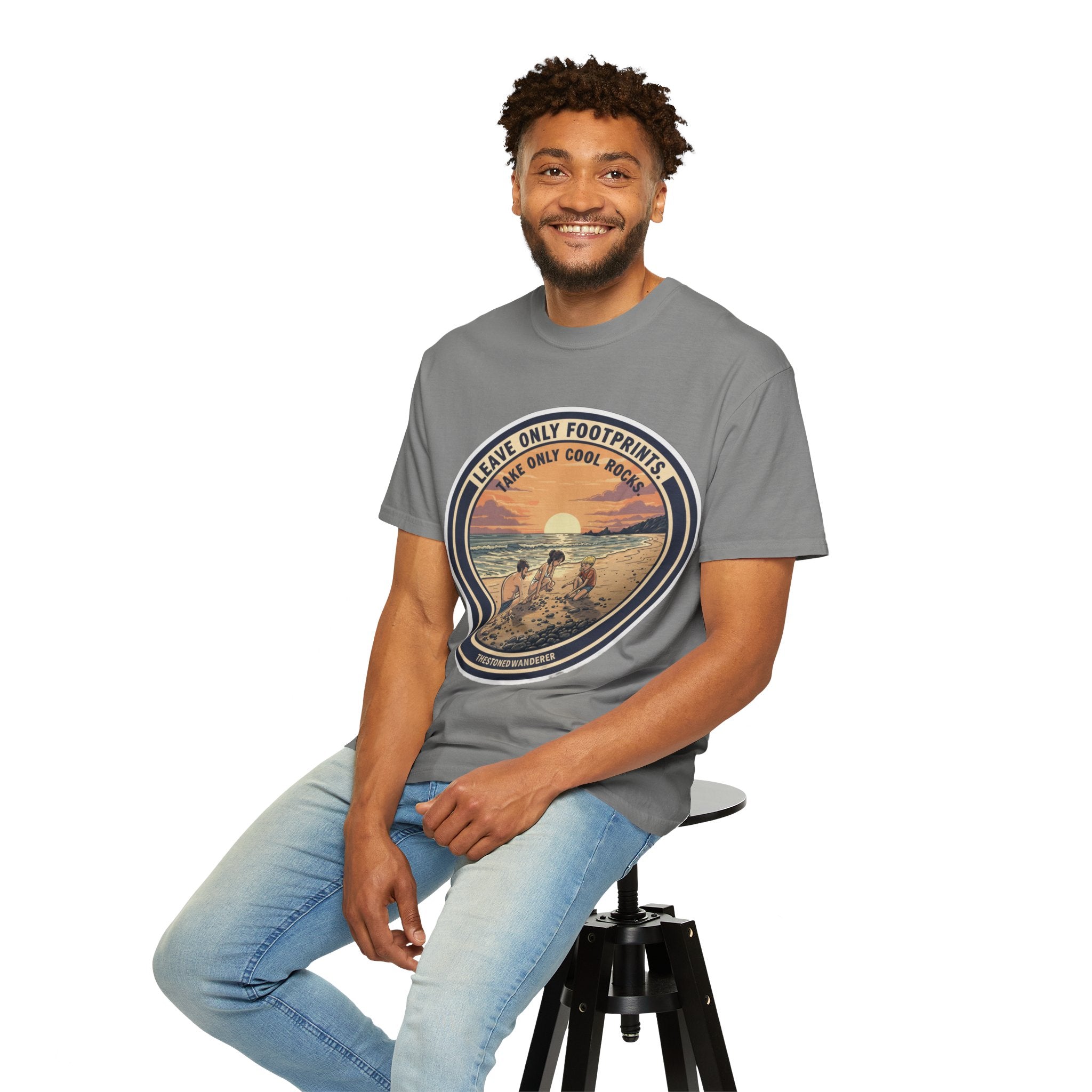 Beach Sunset T-Shirt "Leave Only Footprints, Take Only Cool Rocks" Retro Graphic