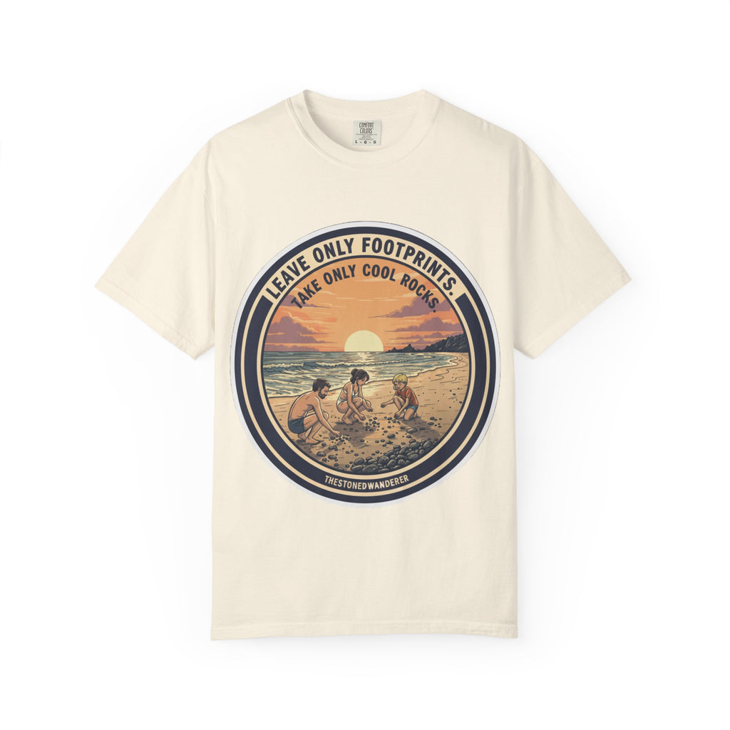 Beach Sunset T-Shirt "Leave Only Footprints, Take Only Cool Rocks" Retro Graphic