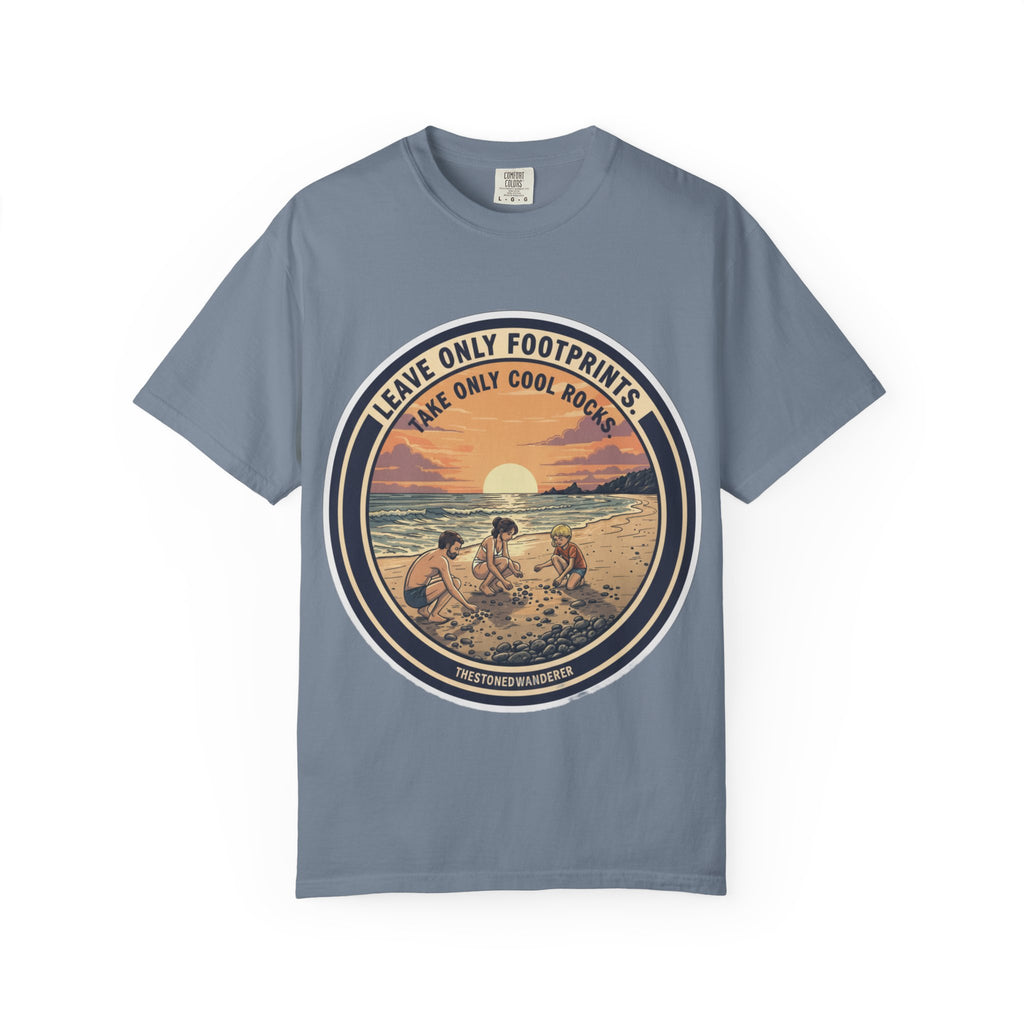 Beach Sunset T-Shirt "Leave Only Footprints, Take Only Cool Rocks" Retro Graphic