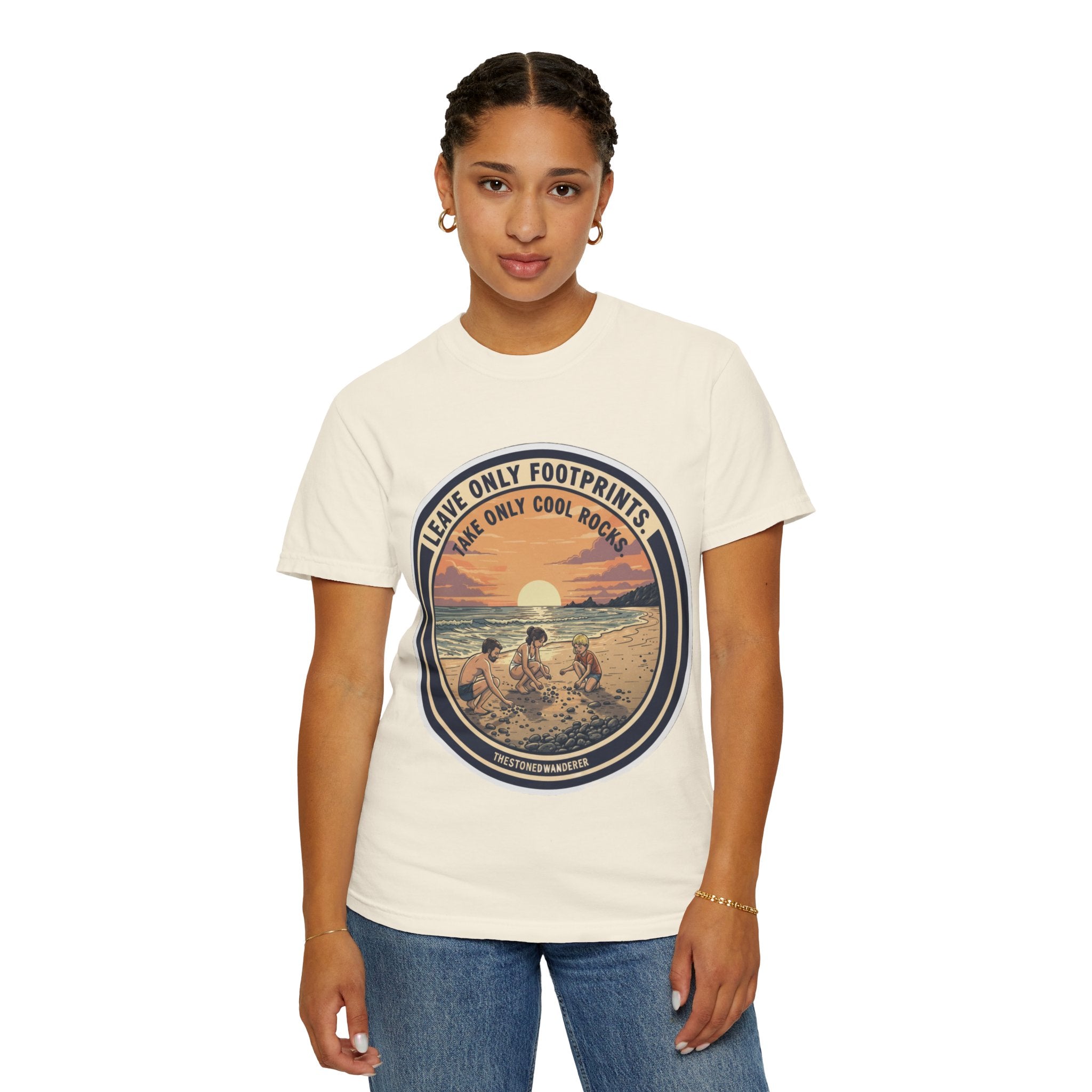 Beach Sunset T-Shirt "Leave Only Footprints, Take Only Cool Rocks" Retro Graphic