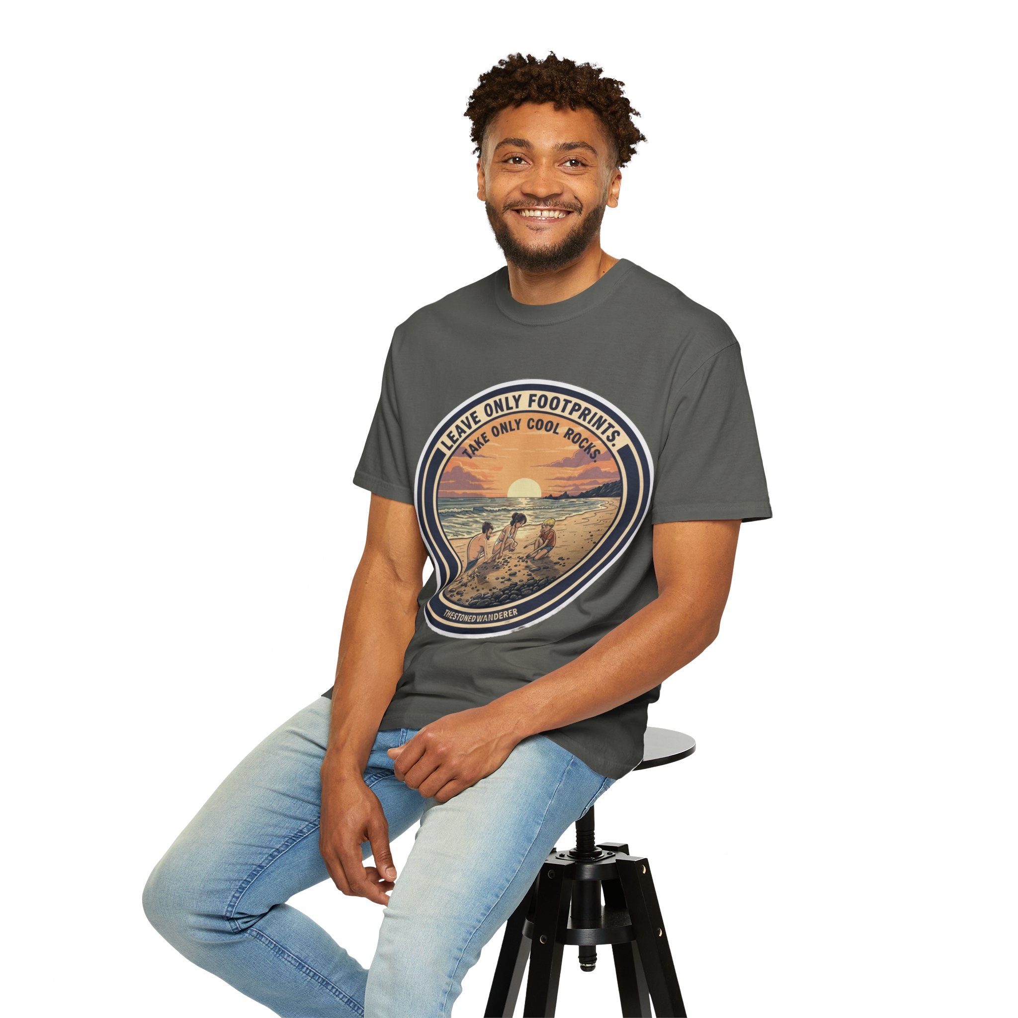 Beach Sunset T-Shirt "Leave Only Footprints, Take Only Cool Rocks" Retro Graphic
