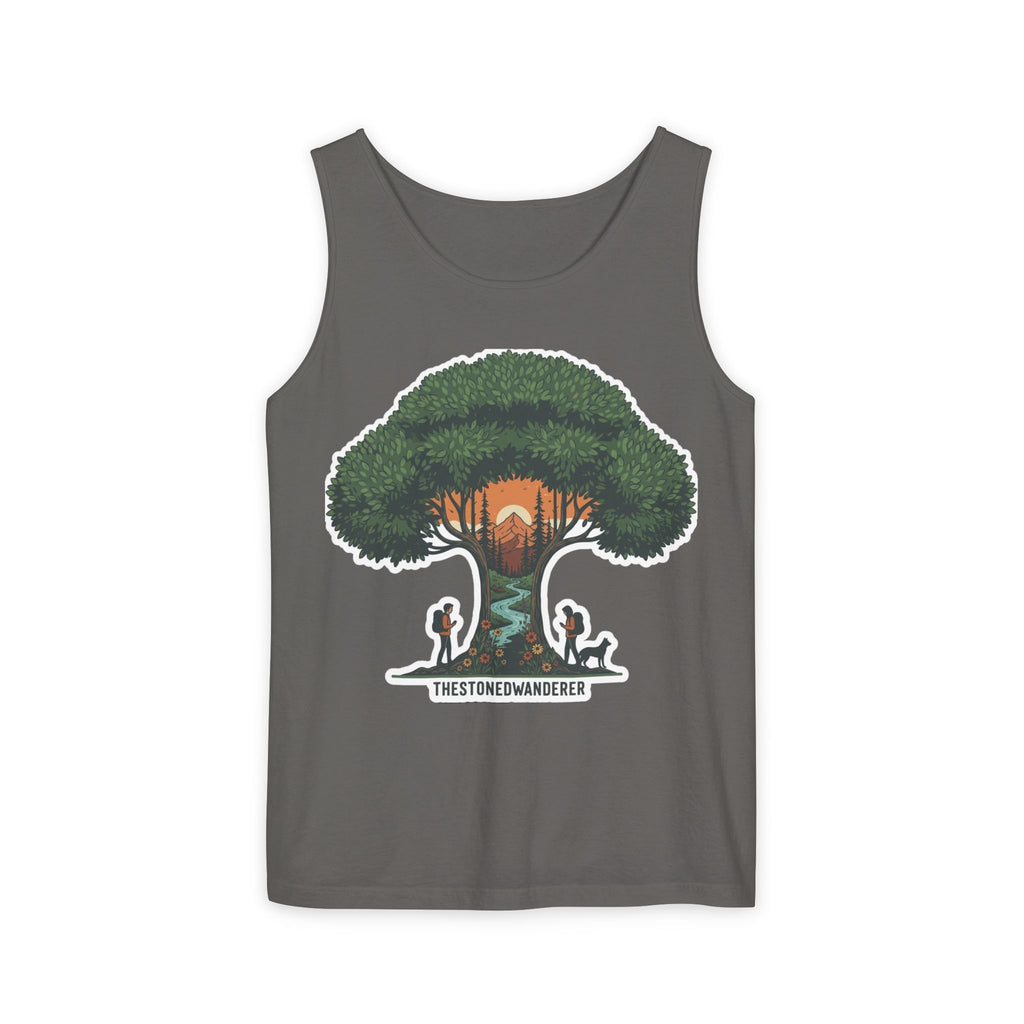 Wanderer Tree Graphic Tank Top — 'The Stone Wanderer' Forest Sunset Design