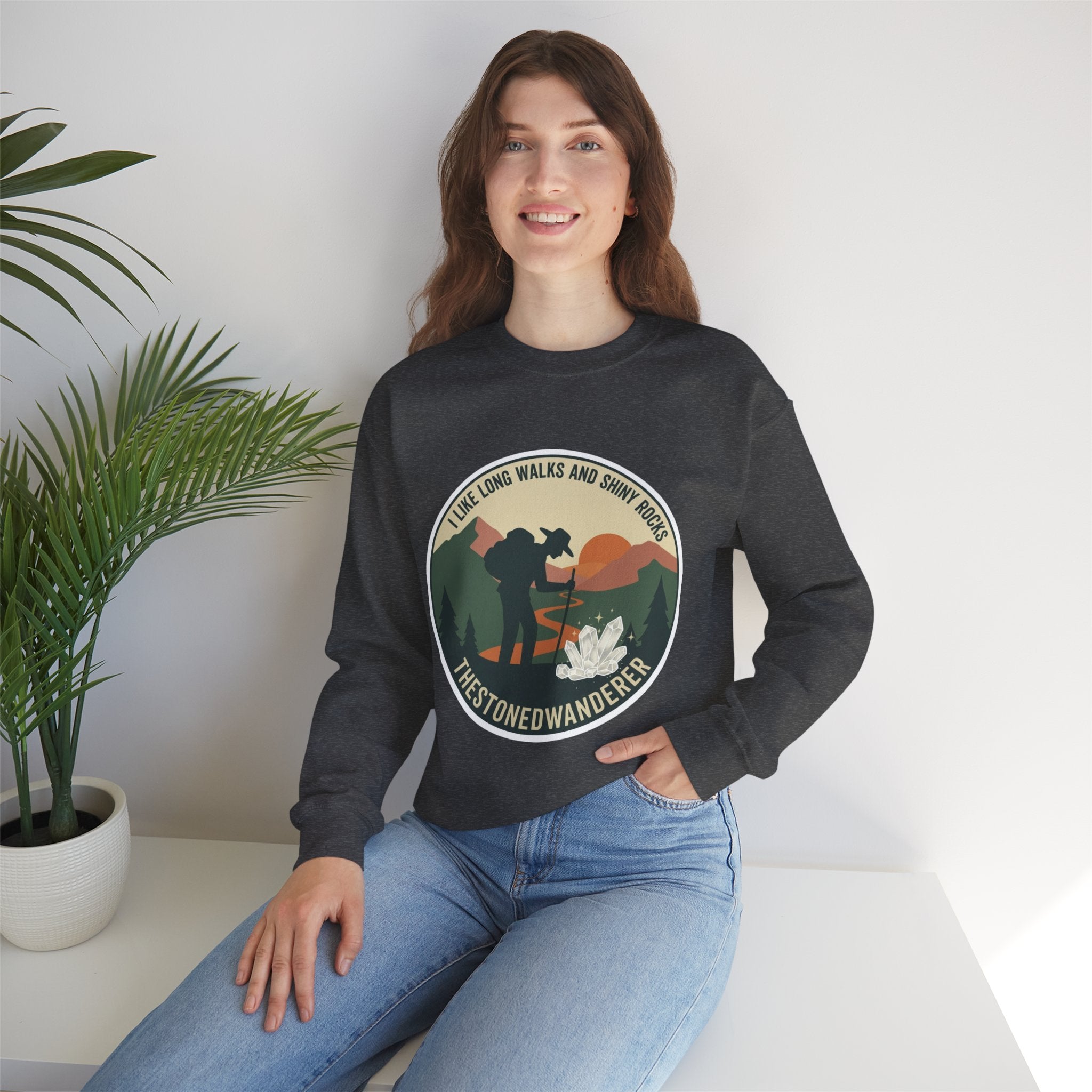 Hiking Crewneck Sweatshirt – 'I Take Long Walks and Shiny Rocks' Outdoor Adventure Pullover
