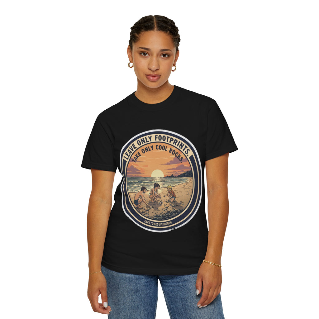 Beach Sunset T-Shirt "Leave Only Footprints, Take Only Cool Rocks" Retro Graphic