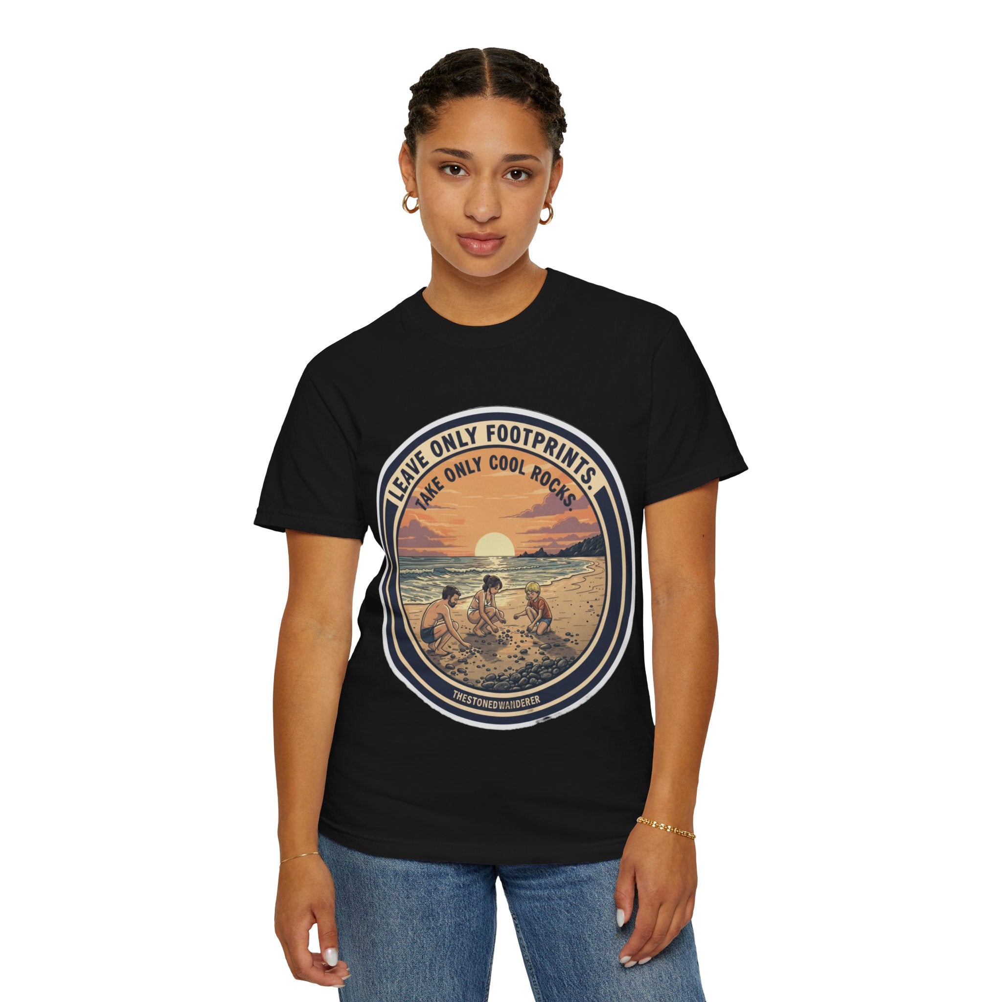 Beach Sunset T-Shirt "Leave Only Footprints, Take Only Cool Rocks" Retro Graphic