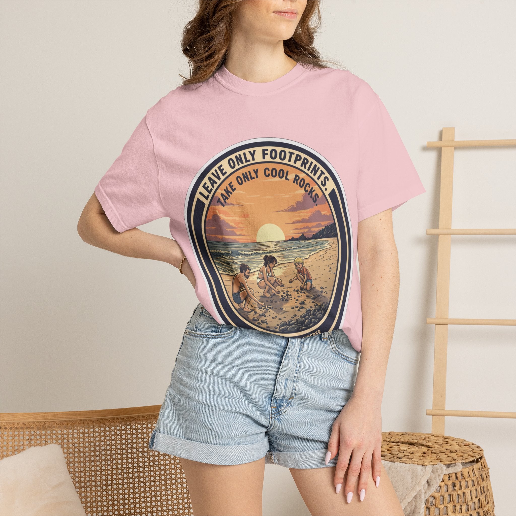 Beach Sunset T-Shirt "Leave Only Footprints, Take Only Cool Rocks" Retro Graphic