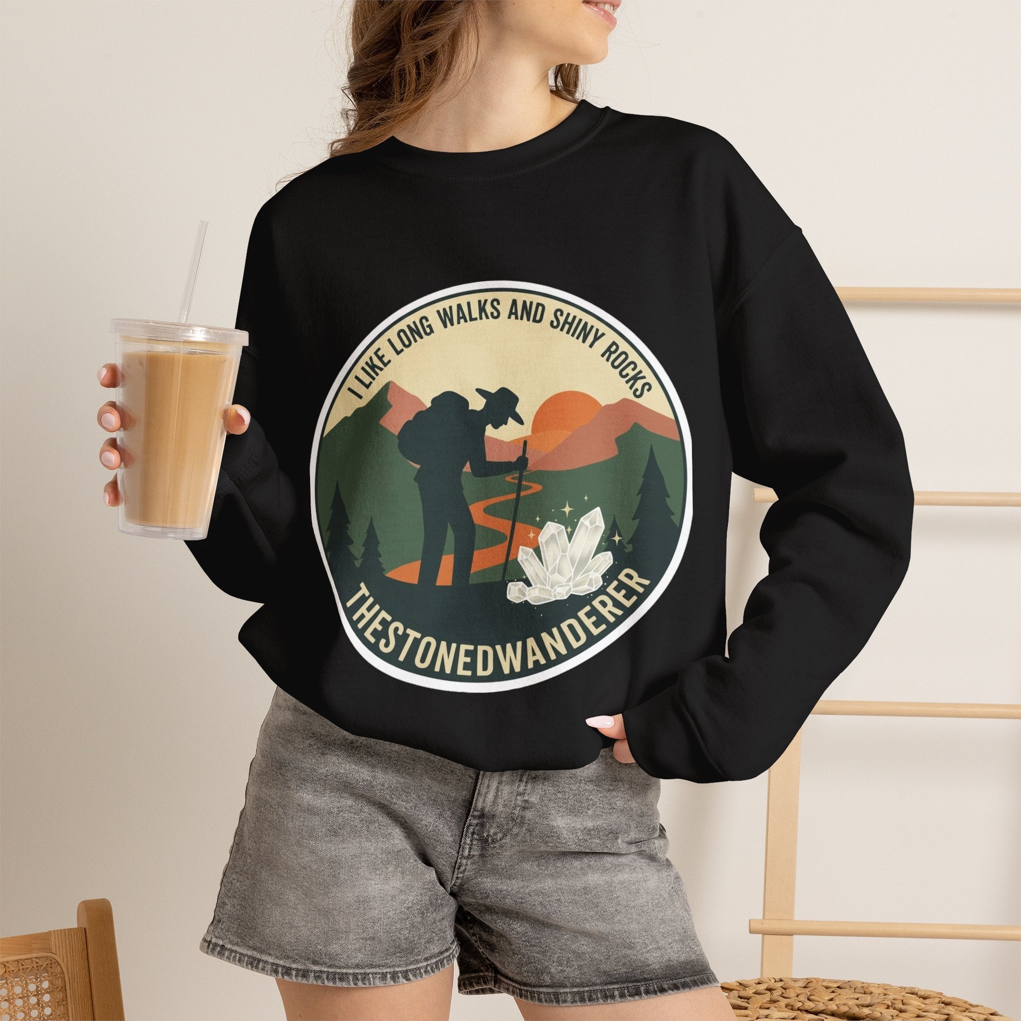 Hiking Crewneck Sweatshirt – 'I Take Long Walks and Shiny Rocks' Outdoor Adventure Pullover