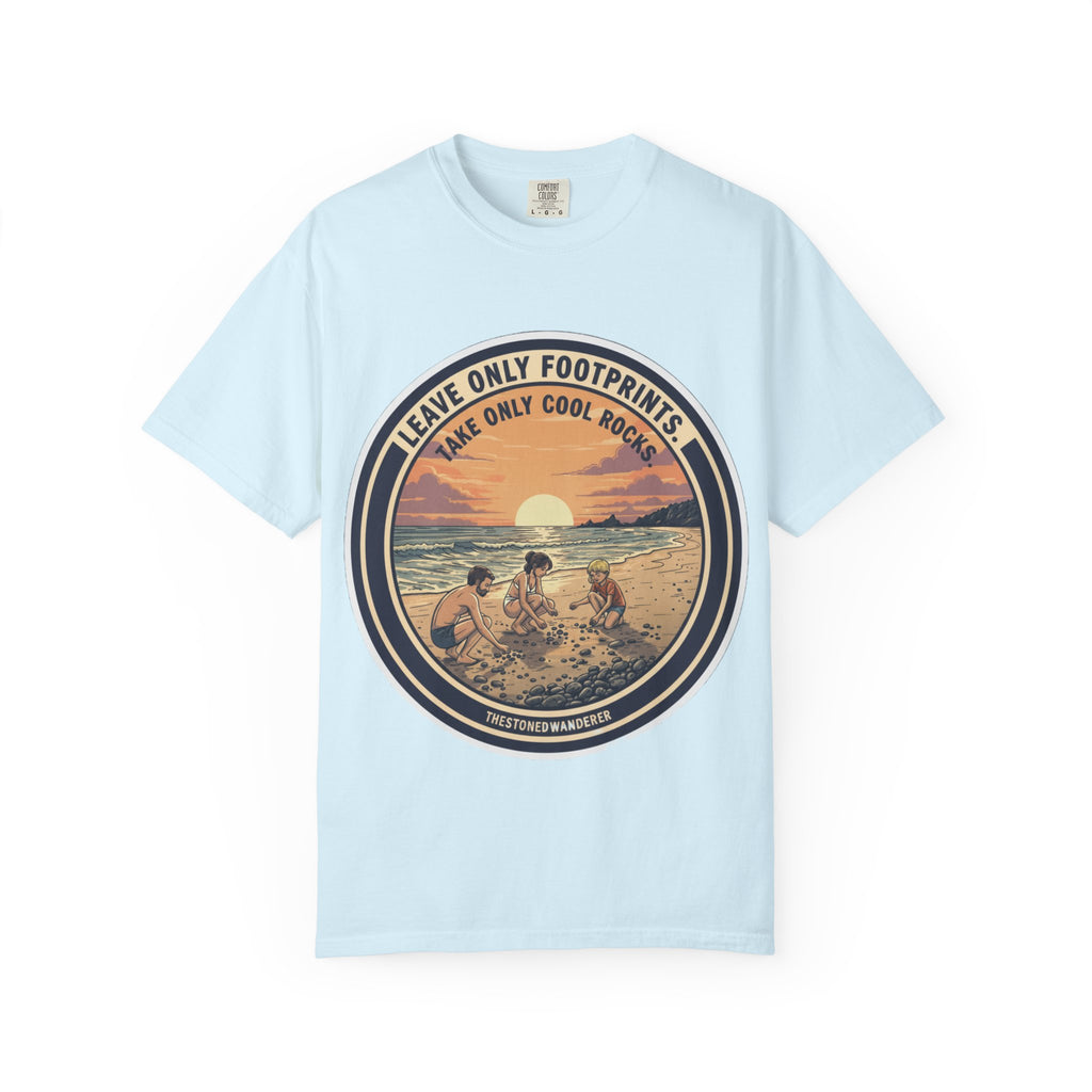 Beach Sunset T-Shirt "Leave Only Footprints, Take Only Cool Rocks" Retro Graphic