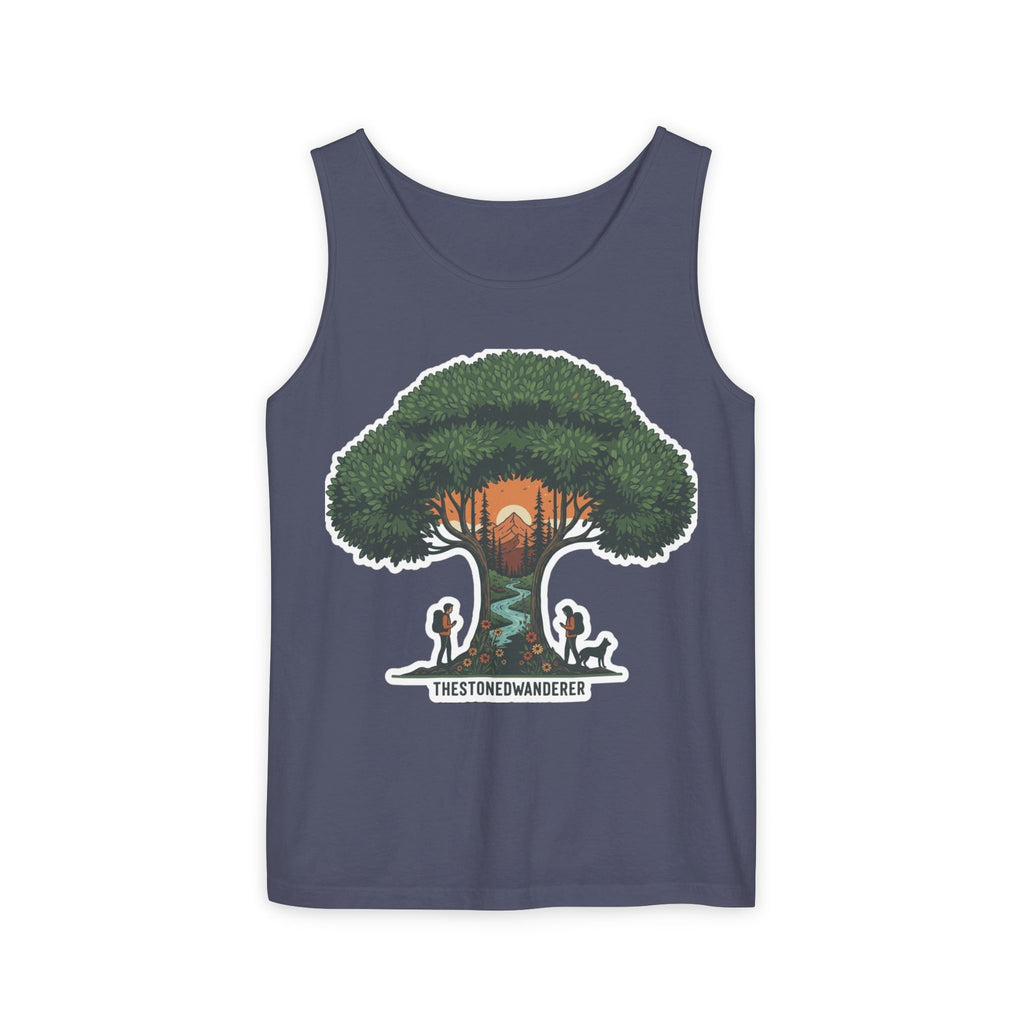 Wanderer Tree Graphic Tank Top — 'The Stone Wanderer' Forest Sunset Design