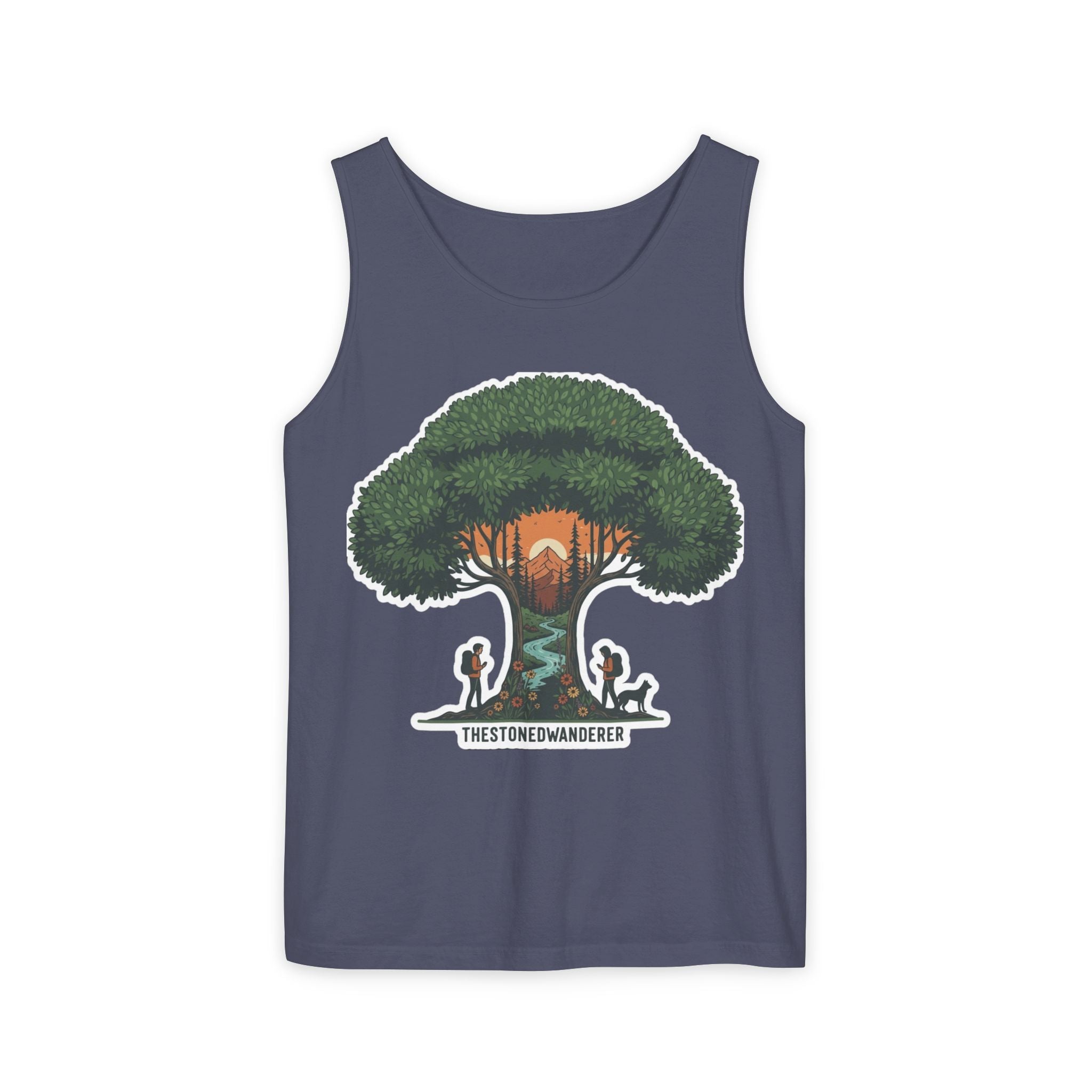 Wanderer Tree Graphic Tank Top — 'The Stone Wanderer' Forest Sunset Design