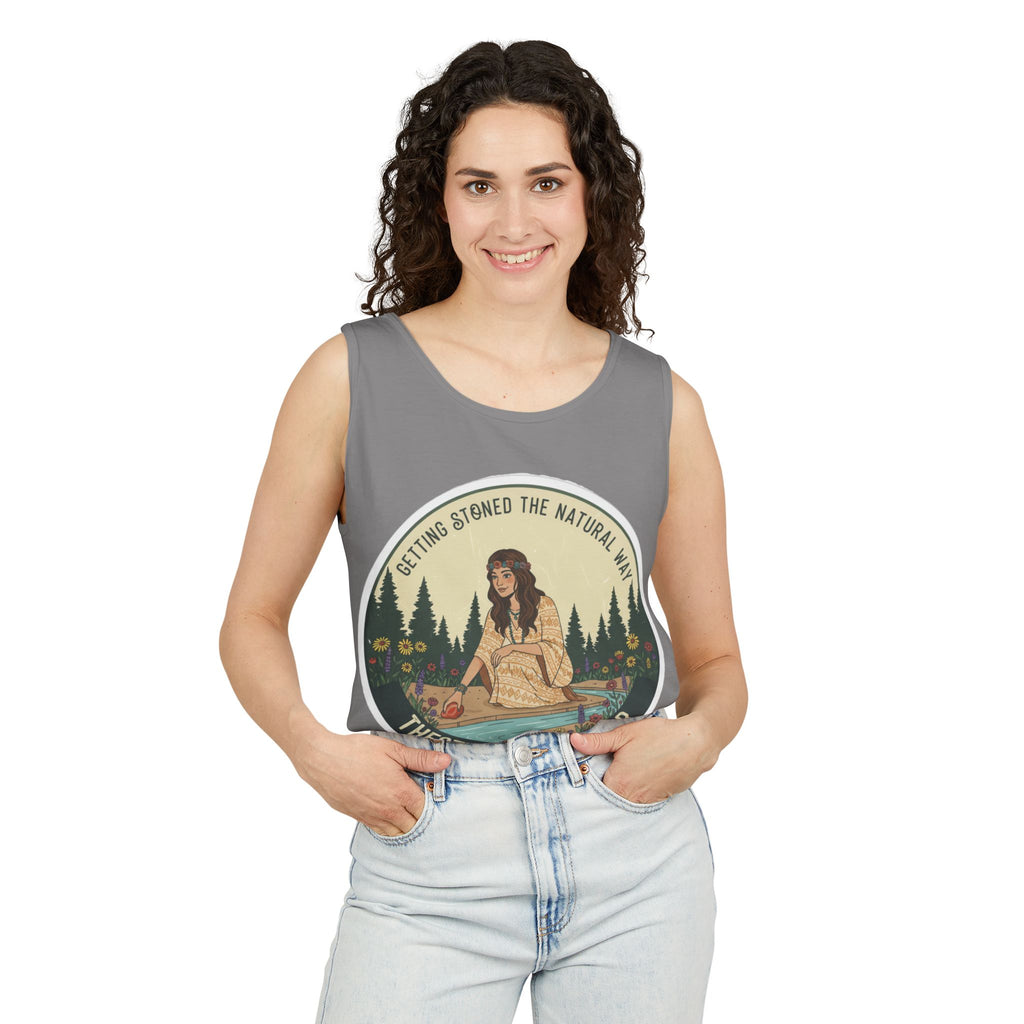 Tank Top — The Stoned Wanderer "Getting Stoned the Natural Way" Retro Camping Graphic