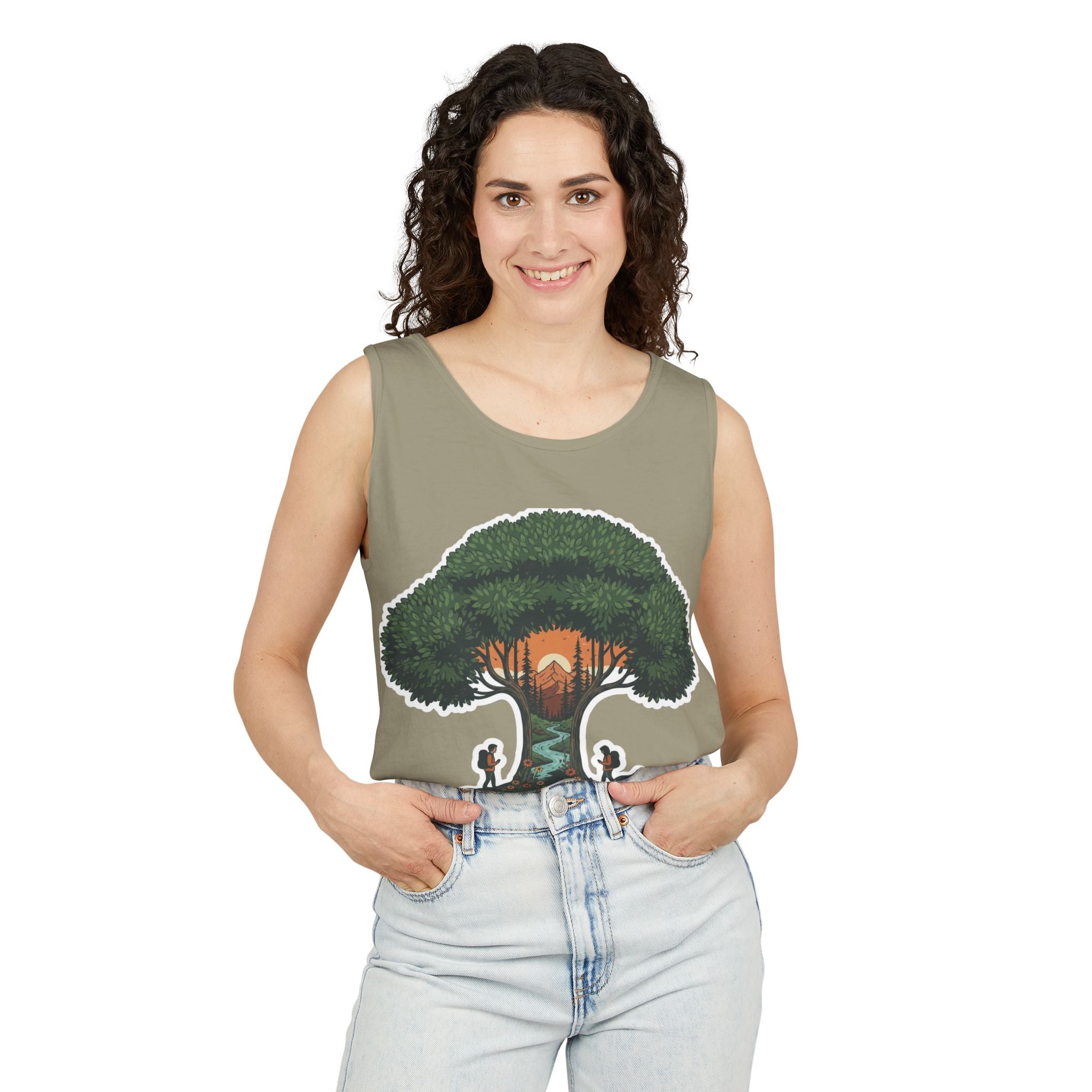 Wanderer Tree Graphic Tank Top — 'The Stone Wanderer' Forest Sunset Design