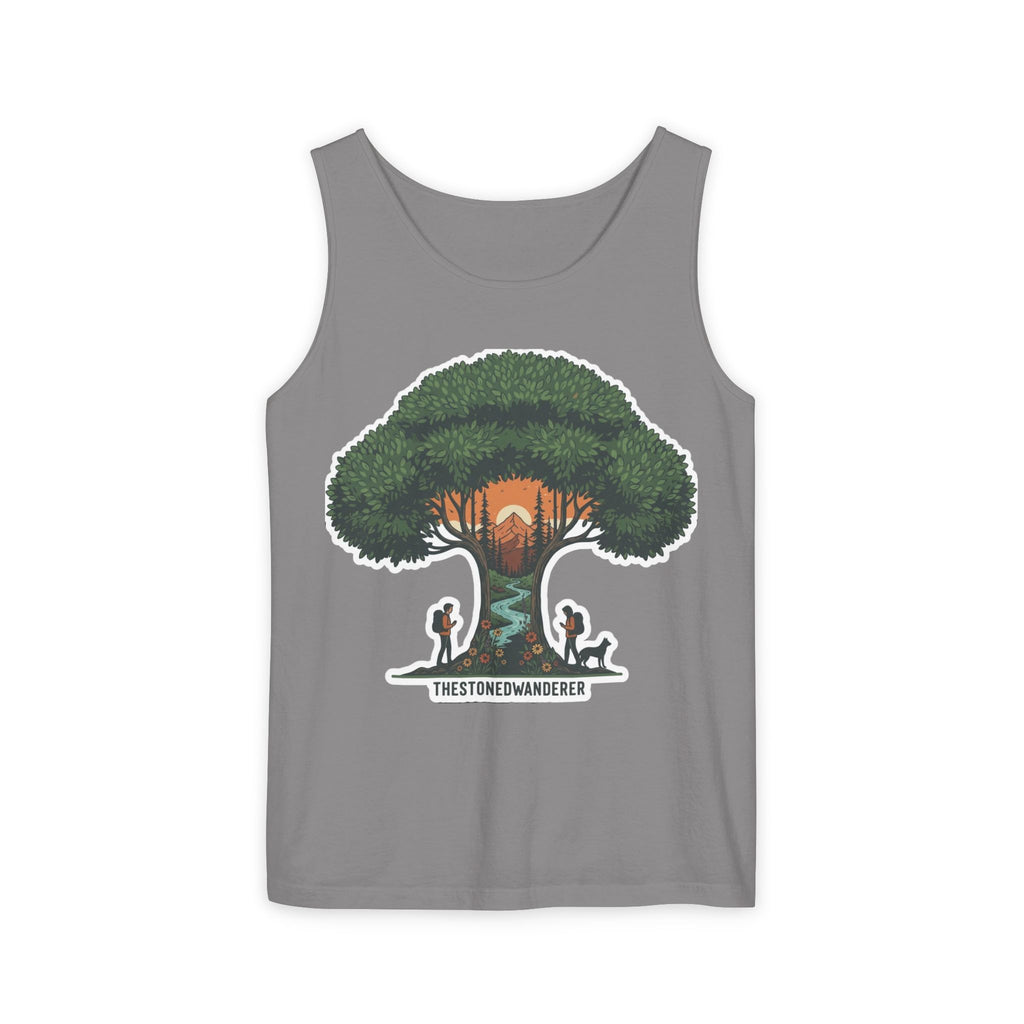 Wanderer Tree Graphic Tank Top — 'The Stone Wanderer' Forest Sunset Design