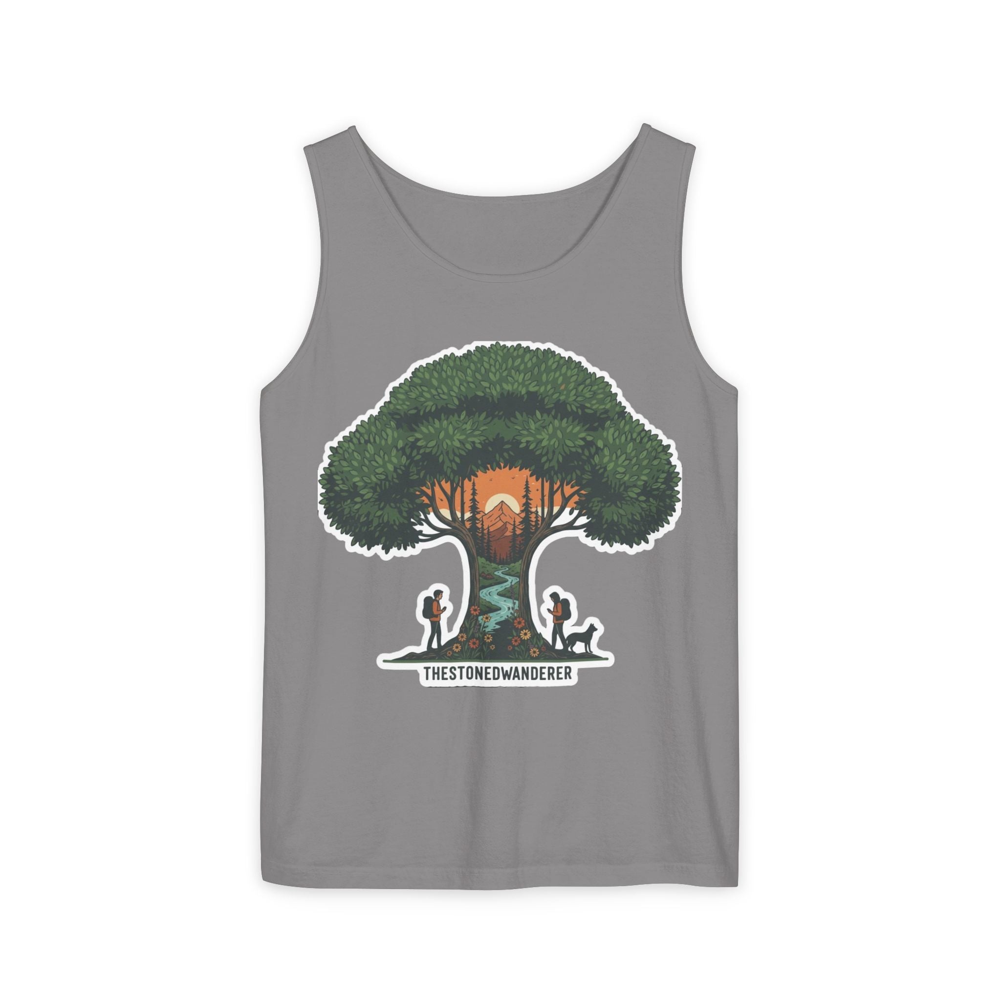 Wanderer Tree Graphic Tank Top — 'The Stone Wanderer' Forest Sunset Design