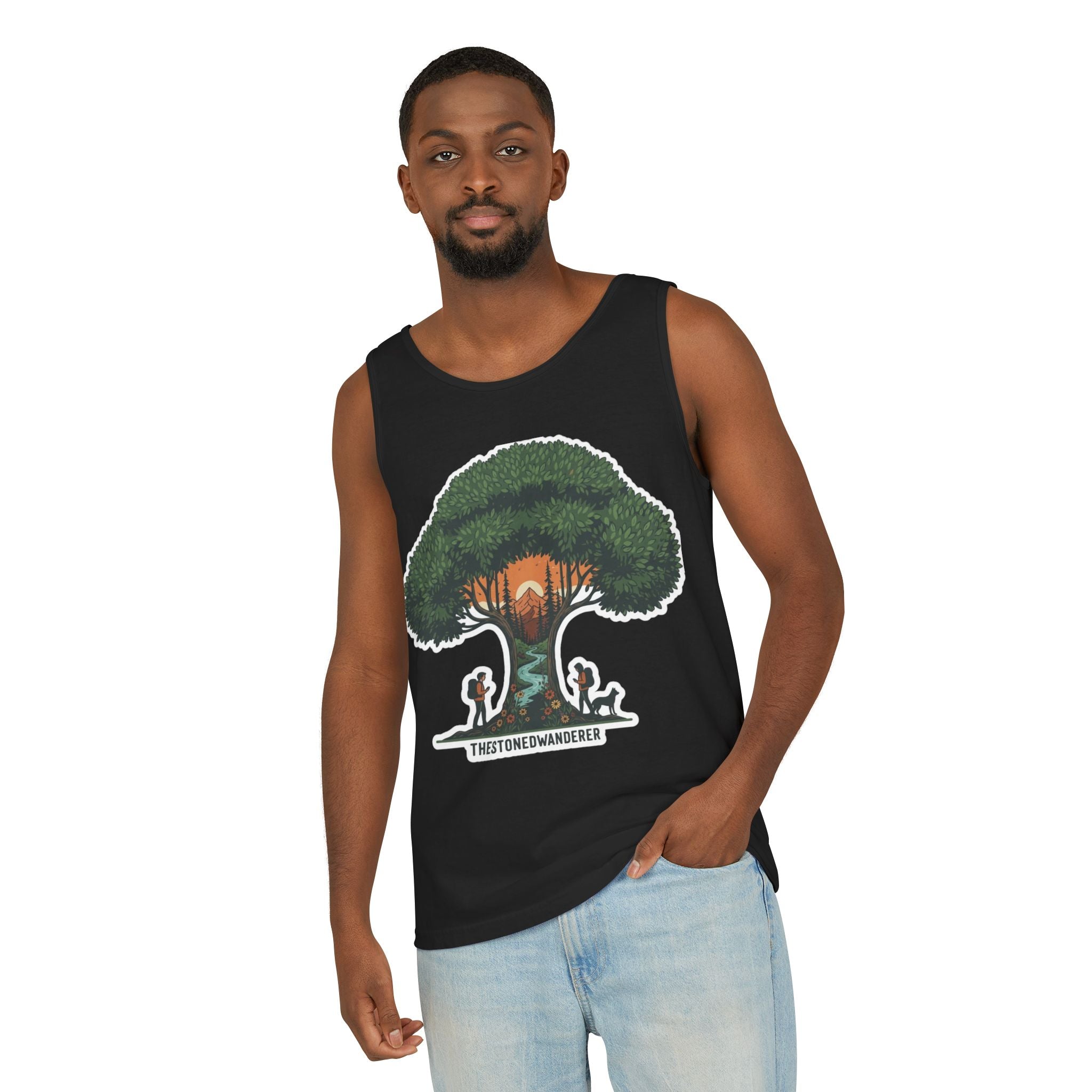 Wanderer Tree Graphic Tank Top — 'The Stone Wanderer' Forest Sunset Design
