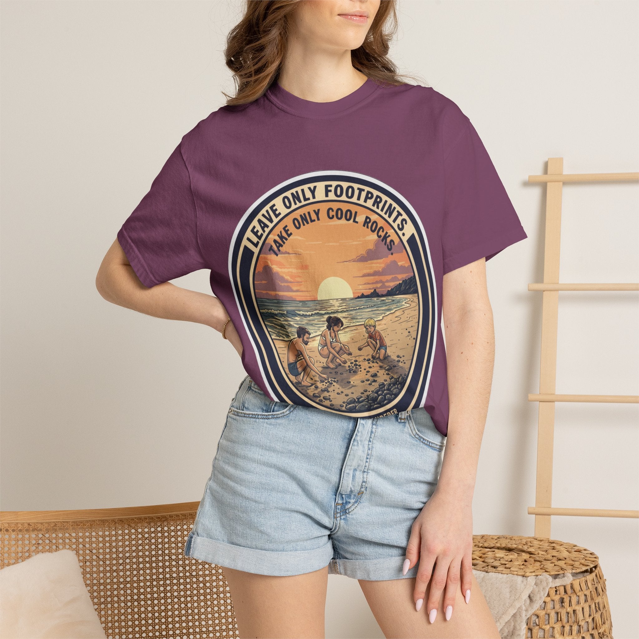 Beach Sunset T-Shirt "Leave Only Footprints, Take Only Cool Rocks" Retro Graphic